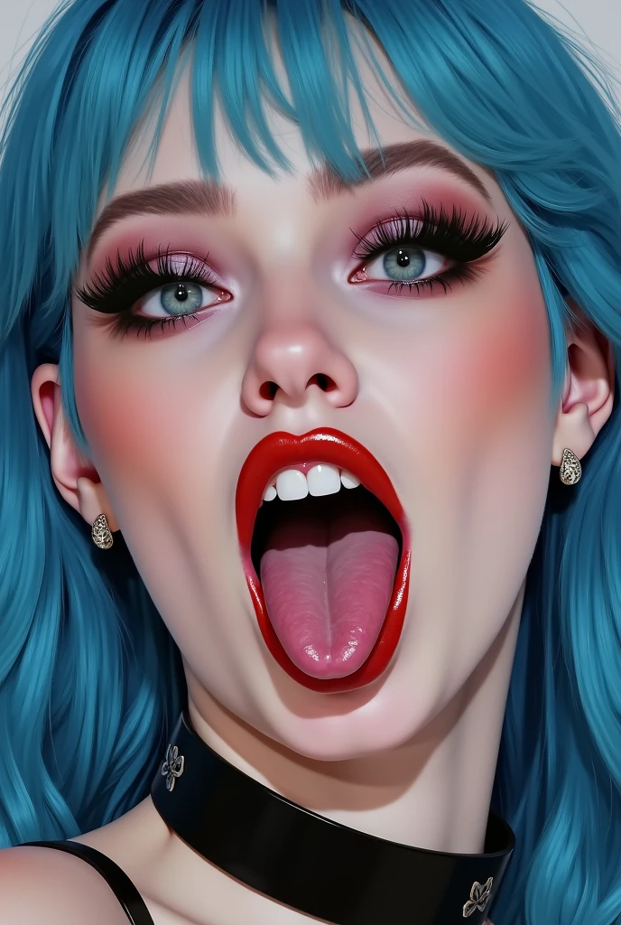 tronggg style, woman, open mouth, blue hair, earrings, teeth, choker, tongue, tongue out, mole, black choker, makeup, portrait, realistic, long tongue