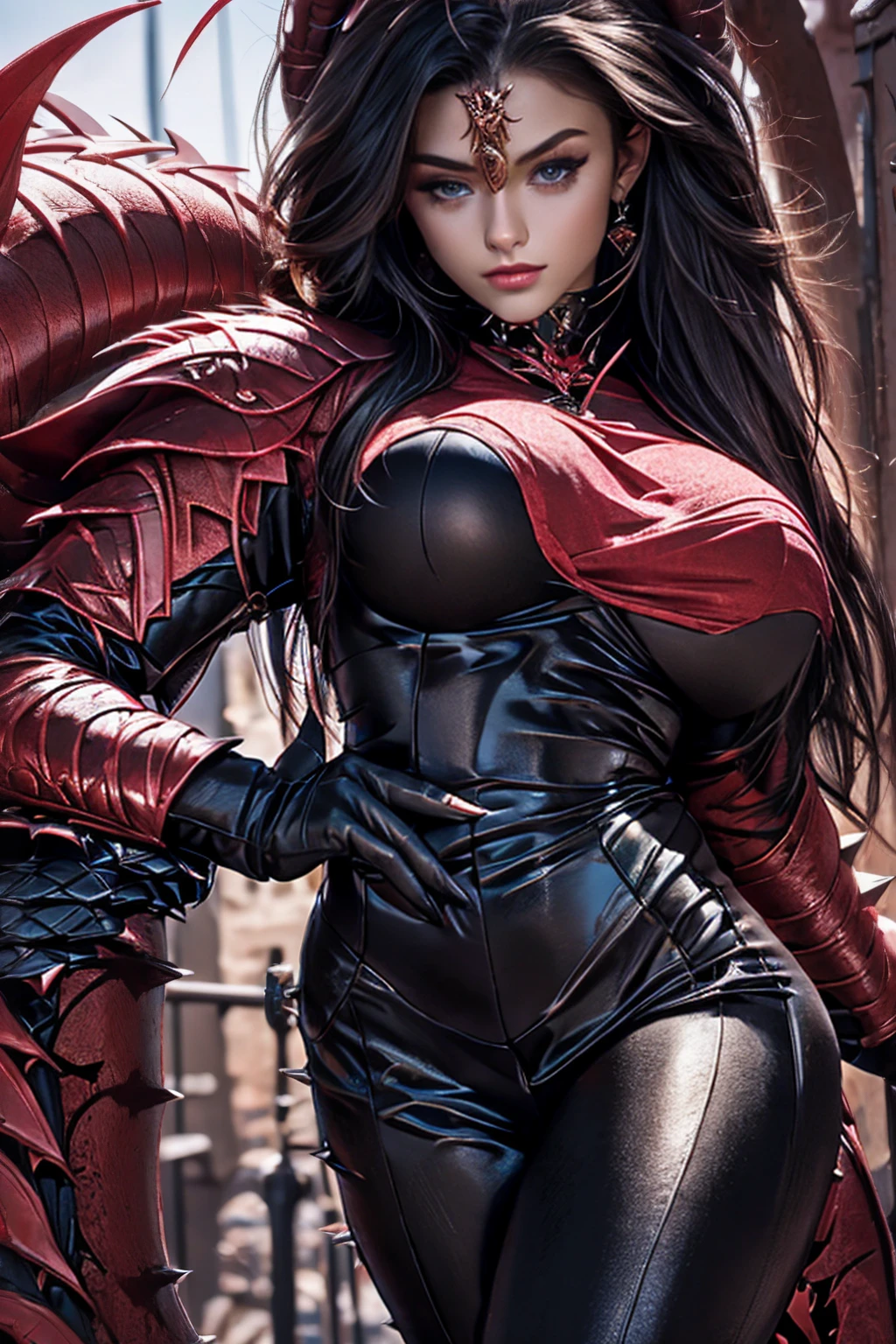 Create an image of the most stunningly gorgeous beautiful kijin, Stunningly gorgeous perfect face,  perfect makeup, detailed perfect silky smooth skin texture, detailed hour glass body figure, very long styled hair,  (matte black kijin armor spiked), ((underboob))), red horns, 