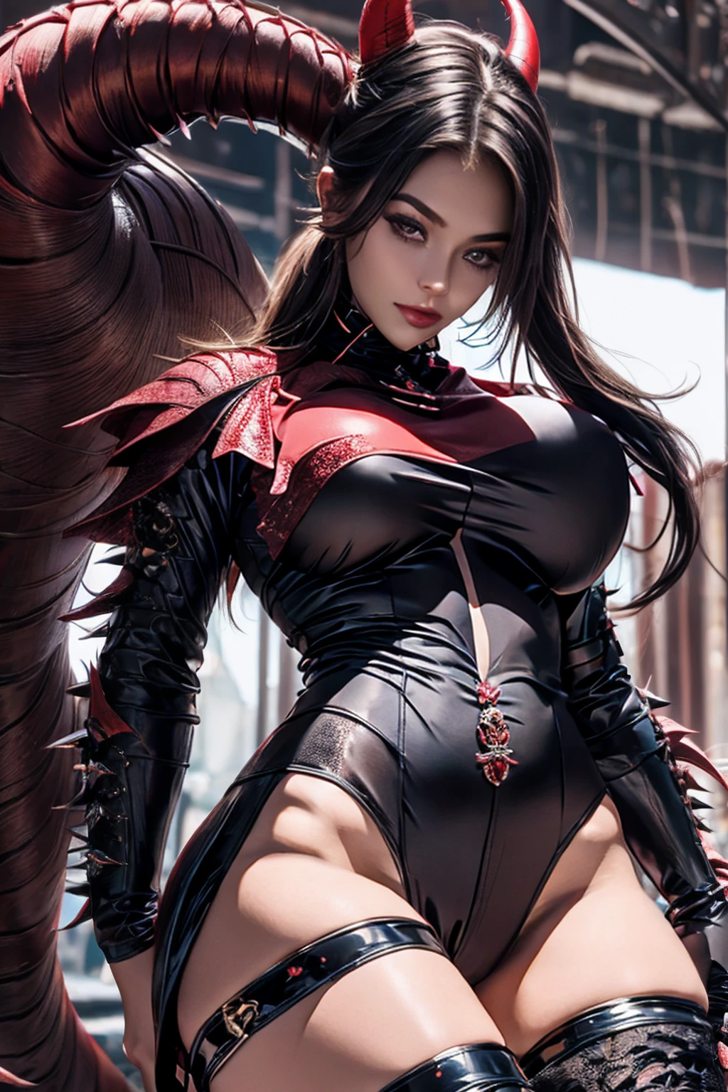 Create an image of the most stunningly gorgeous beautiful kijin, Stunningly gorgeous perfect face,  perfect makeup, detailed perfect silky smooth skin texture, detailed hour glass body figure, very long styled hair,  (matte black kijin armor spiked), ((underboob))), red horns, 