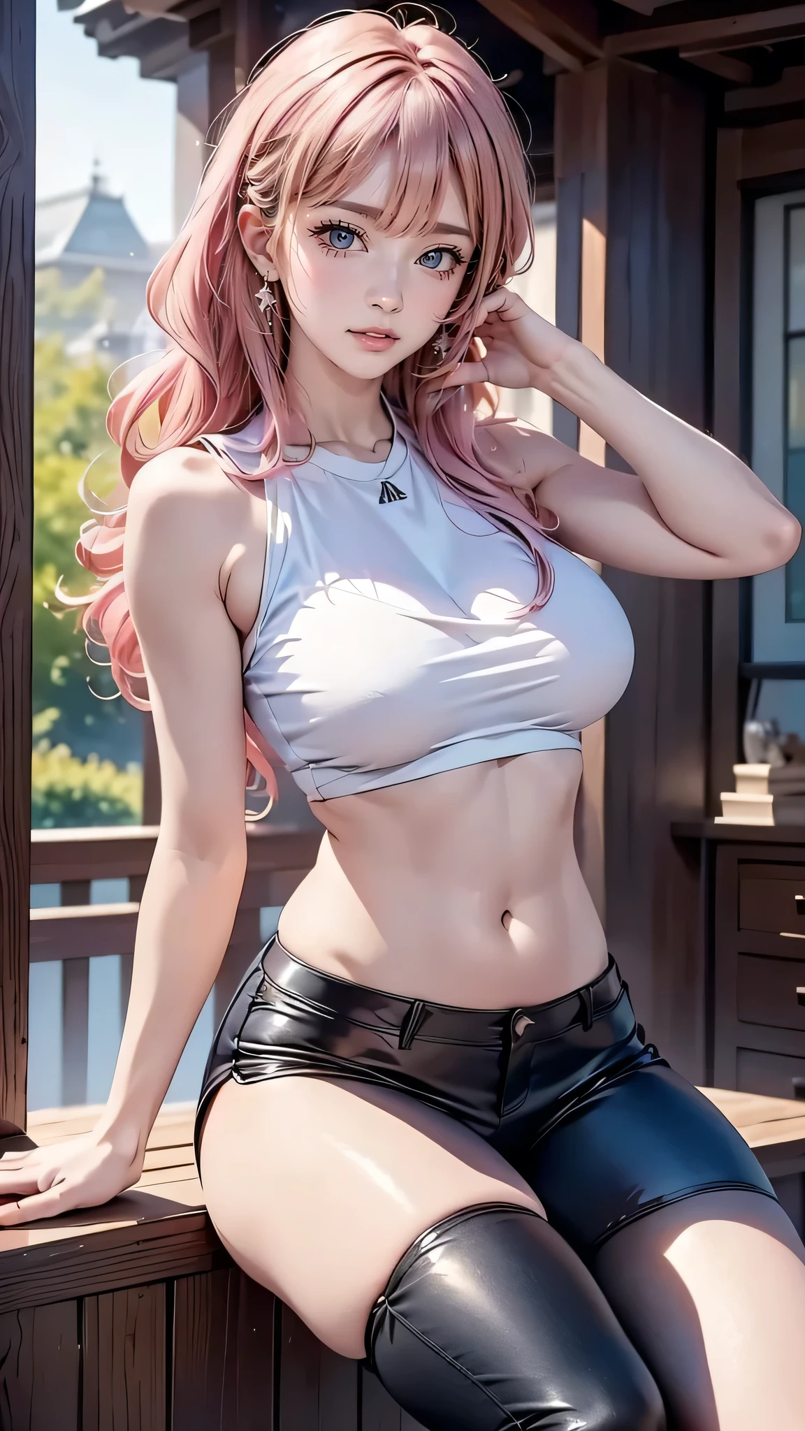 highest quality、masterpiece、8k、Realistic、超High resolution、Very delicate and beautiful、High resolution、Muscle Girl、Gal、Perfect female body、Beautiful woman、Mature Woman、Pink Hair、Curly Hair、blue eyes、Six Pack、One tattoo、Earrings、Toned body、Big Breasts、Black military uniform、Tank top、I can see your belly、Black trousers、boots、cigarette、Sexy pose、