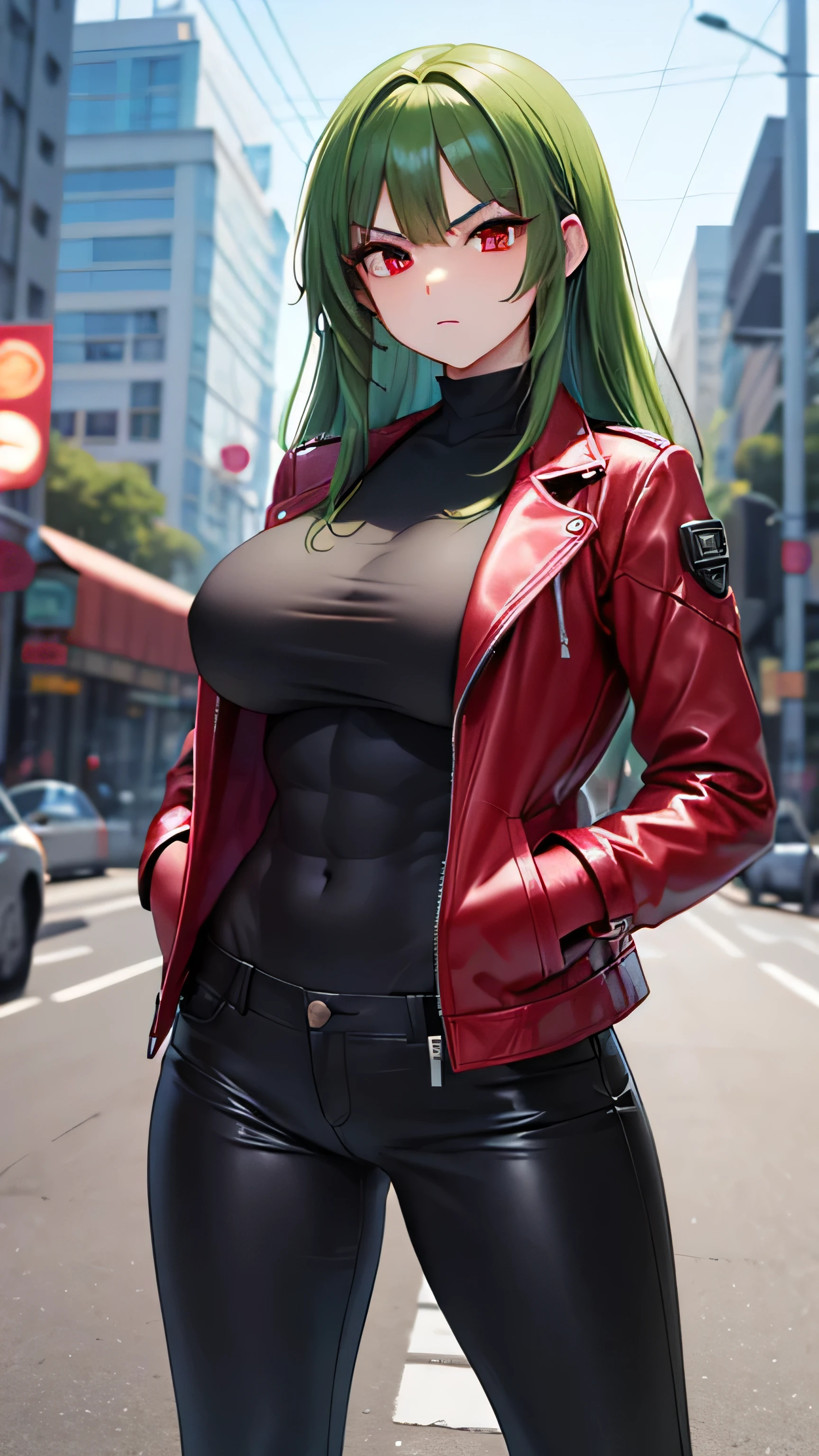 1 , Alone, long hair,  high resolution,  red eyes, with your mouth shut, Necessary,  Awarded multiple ,  Tall details,  super detail ,abdomen,scenario:beco,serious face,beautiful, green hair,black leather jacket, black pants ,hands in pockets,beautiful woman,long hair,  green hair,  Big breasts ,  looking at the viewer,casaco aberto,as duas mãos no bolso,olhar sério,cara séria,noite,mulher com abdômen,corpo forte,corpo fino,((abdômen)),((muscular))