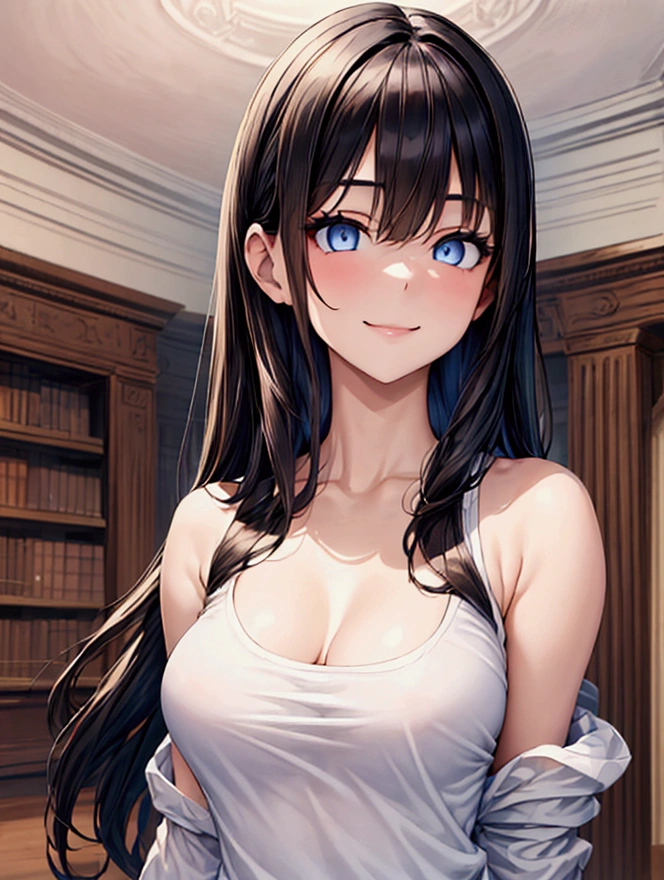 1girl, blue eyes, bare shoulders, medium breasts, long hair, black hair, bangs, sleeveless, solo, shirt, brown shirt, sleeveless high neck sweater, arms behind back, off shoulder, hypnotized , smile, (masterpiece), (best quality), (ultra detailed), indoors, simple background, cozy library,