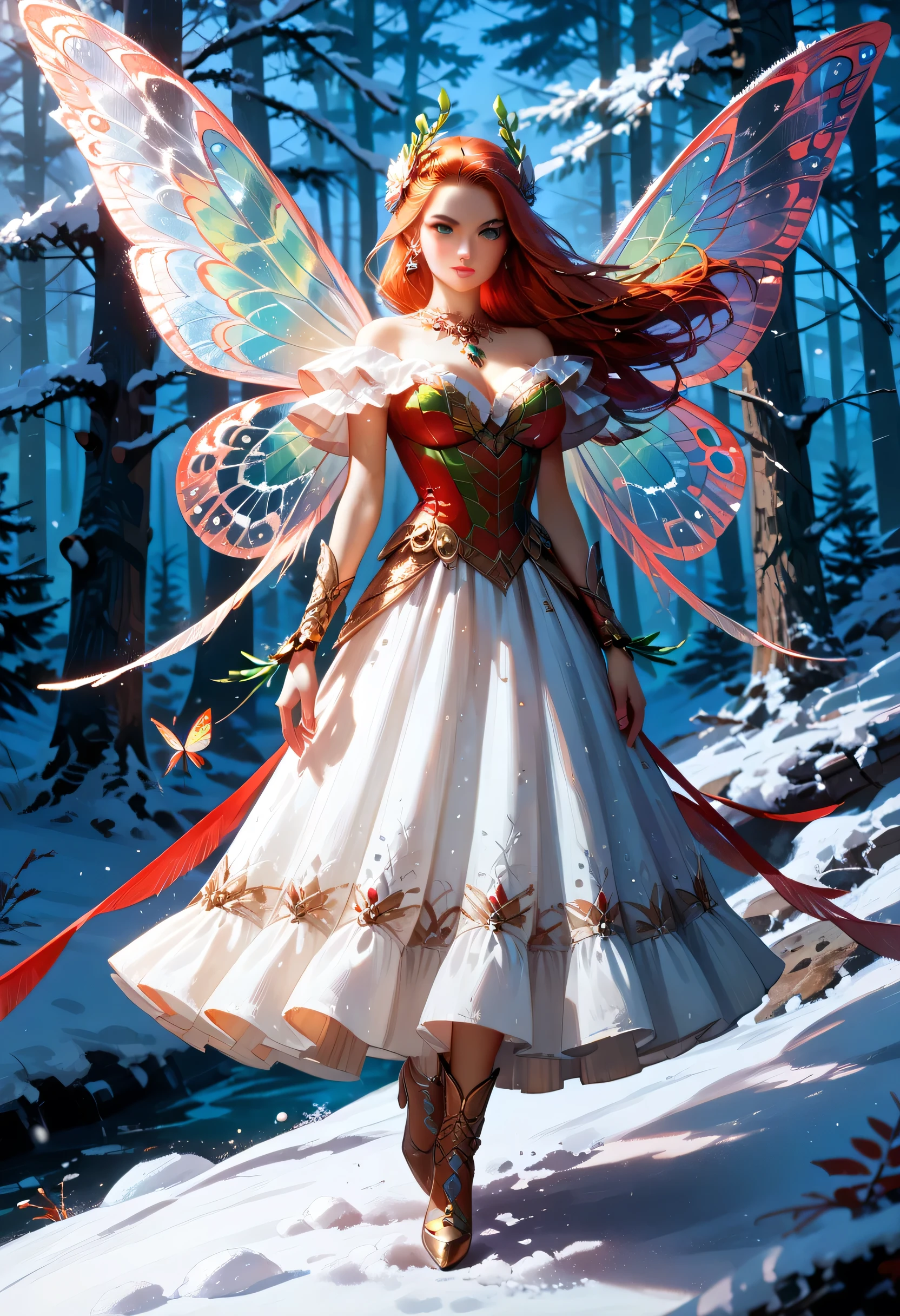 score_9, score_8_up, score_7_up, score_6_up, score_5_up, score_4_up, watercolor art of a most beautiful fairy playing in the snow, (full body shot: 1.3),  a beautiful fairy, spread butterfly wings, dynamic hair color, dynamic hair style, busty, many shades of red silk dress, intricate silk, wearing high heels boots, she is playing the snow, fresh snow in the forest, high snow, High Detail, Ultra High Quality, High Resolution, 16K Resolution, Ultra HD Pictures, Ultra Realistic, Clear Details, Realistic Detail, Ultra High Definition, Cinematic Shot, fantasy