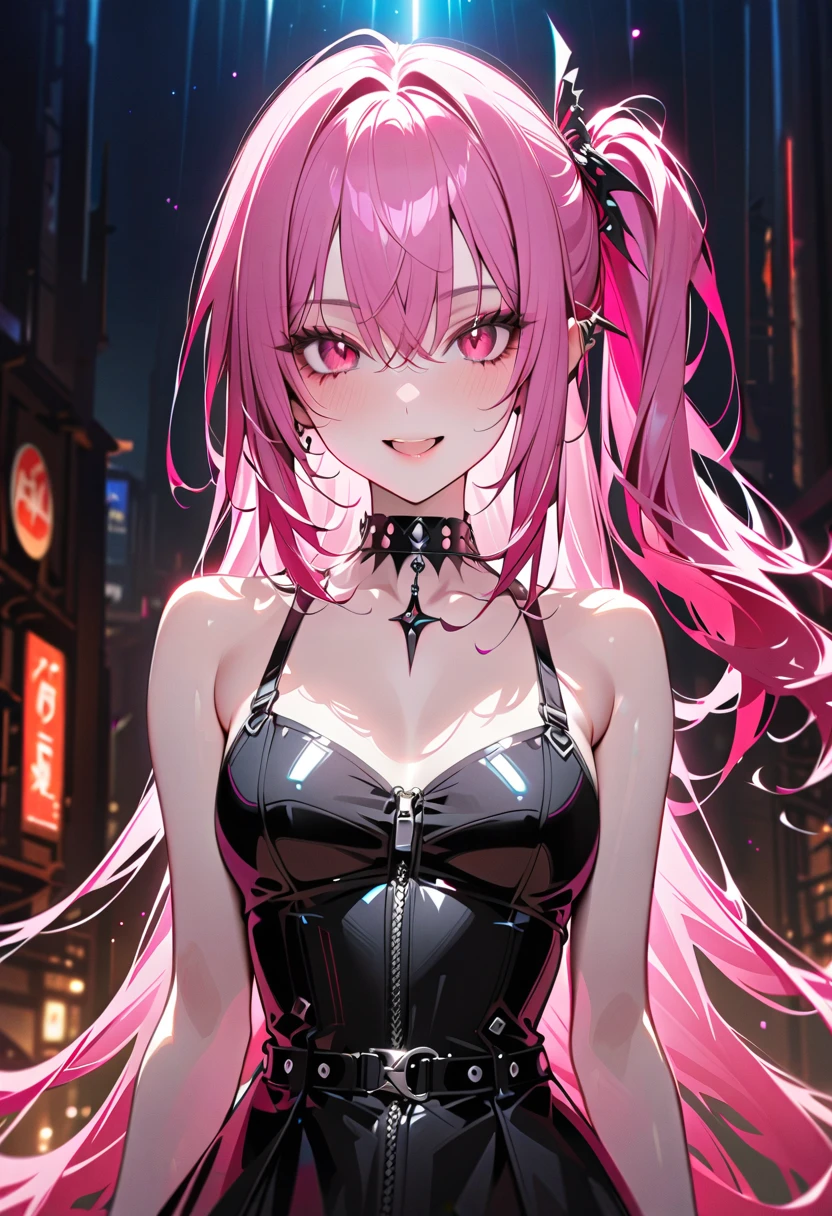 1 girl, (punk rock girl), bangs, red eyes, relucent light in hair, clavicle, hair between eyes, long hair, open mouth, smile, pink hair, Sparkling hair, side ponytail, 
(cowboy shot, looking at viewer, face focus), deep depth of field, stunning, fascinating, enchanting, cinematic lighting, cinematic composition, anime style, vibrant colors, thin lines, 
absurdres, highres, masterpiece, best quality, newest, very aesthetic, ultra quality, high detailed, anatomically correct, perfect hands, 