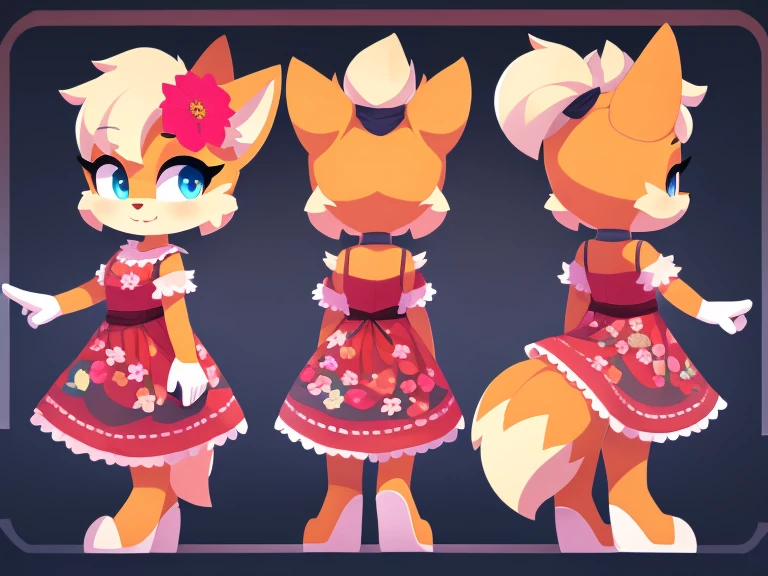 Paper character design from all sides, furry girl, cute fox, short hairstyle, detailed body, clothes, dress, flower, hair 