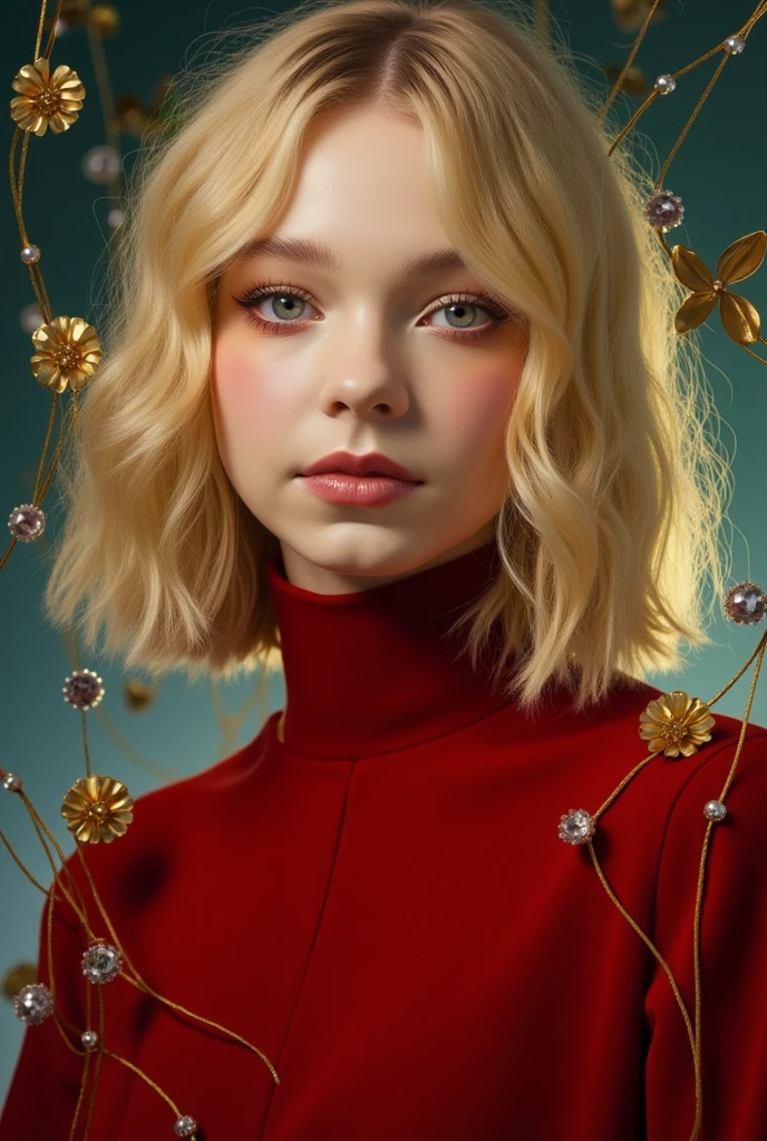 Emma Myers,blonde hair,red turtleneck dress, potrait,fantasy style