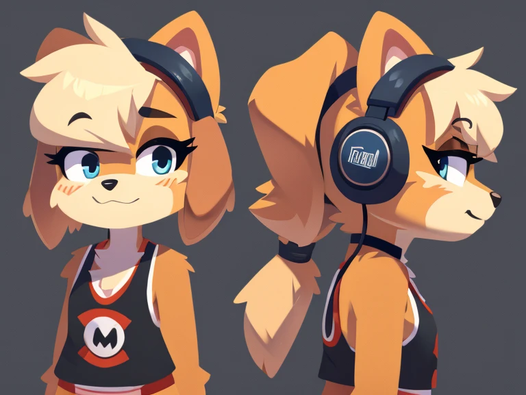 Paper character design from all sides, furry girl, cute dog, messy hairstyle, detailed body, plain clothes, headphones on the head 