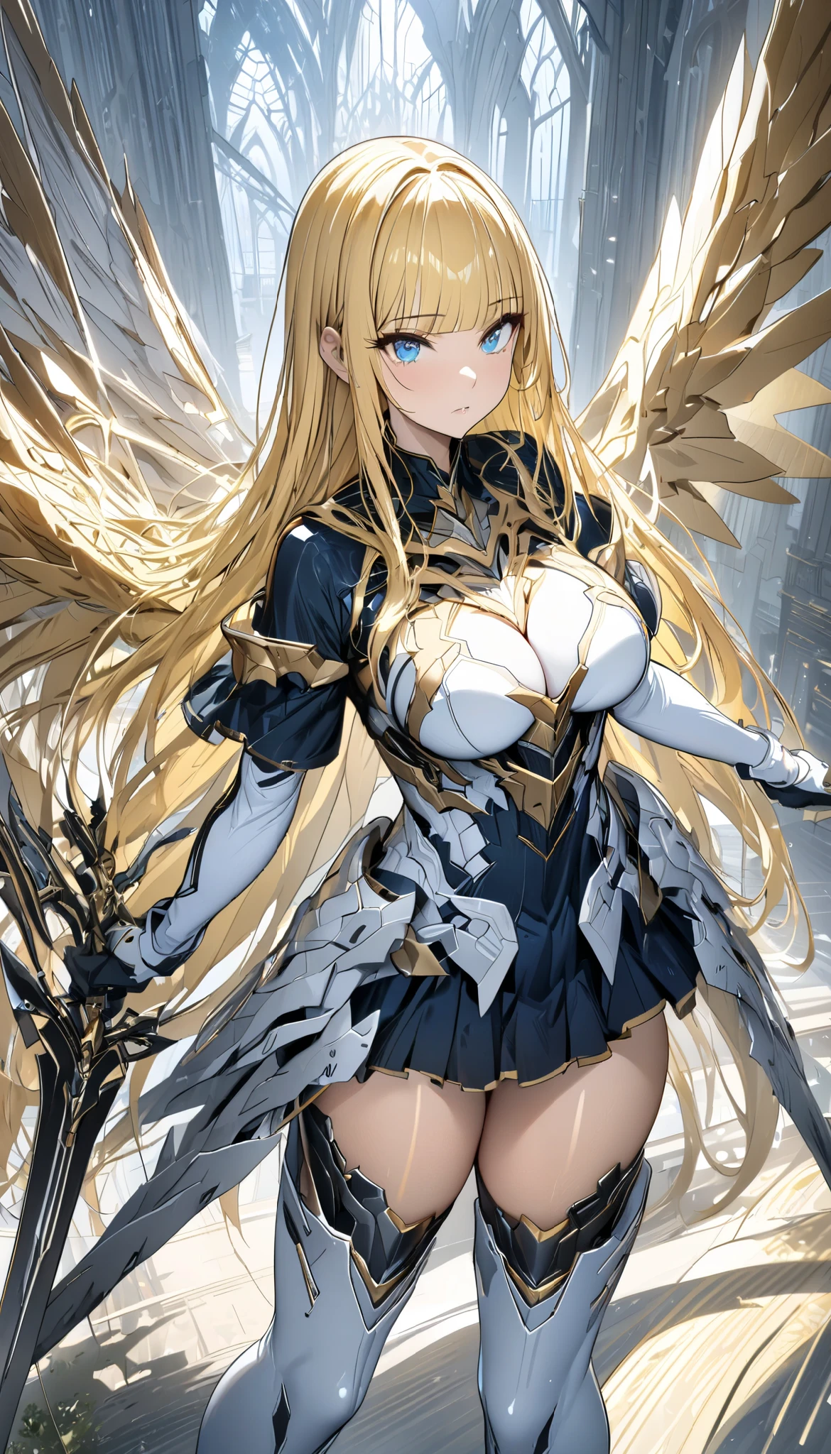 (masterpiece,  top quality :1.2,超 high definition ,  detailed description  、  high detail 、correct、  high definition  )、 android、Big Breasts、Blonde、blunt bangs、 long hair、 knee-high、 clothes that allow you to see the chest 、Machined Wings、 has a spear、 hold the weapon in front、Golden Time 、god々Shining light