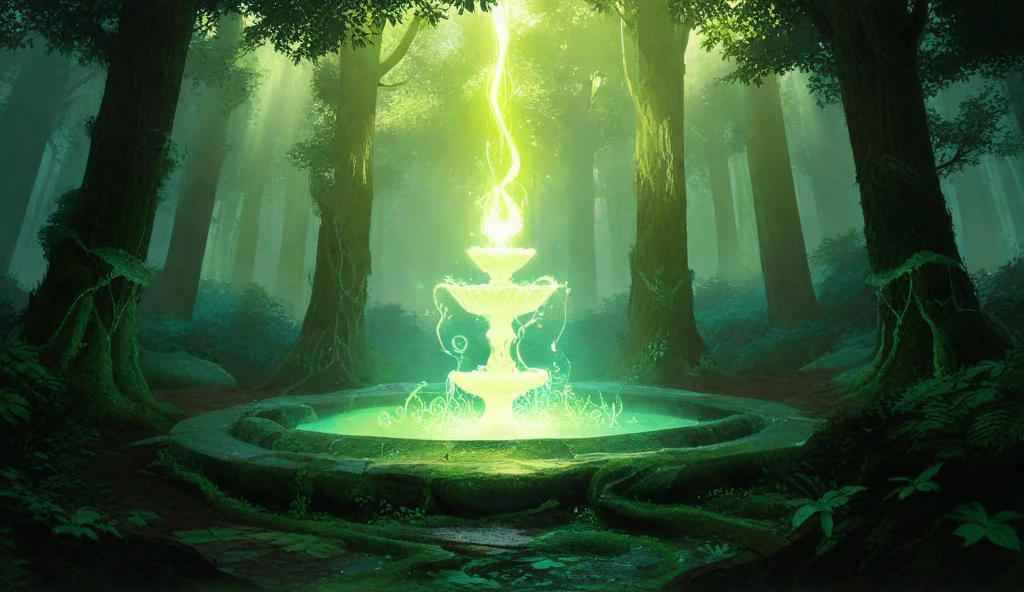 Create a brighter illustration of a sacred fountain, the source of magical power, located deep within an enchanted forest. The fountain radiates an ethereal green light that illuminates its surroundings, accentuating the intricate ancient stone carvings, glowing runes, and overgrown vines that emphasize its timeless magic. The surrounding forest features towering trees, their trunks and branches adorned with vibrant, glowing green leaves that form a dense canopy overhead, allowing beams of light to pierce through.

The forest floor is alive with dark moss, luminous magical symbols, and radiant plants that glow softly, contributing to the mystical energy of the setting. A gentle green mist drifts through the air, enhancing the magical ambiance. Faint spectral lights flicker playfully among the trees, casting dancing shadows that evoke mystery and wonder.

The scene captures a pivotal moment of transformation, symbolizing the end of one era and the beginning of another. The brighter color theme of lush greens and soft light contrasts elegantly with the dark undertones of the forest, symbolizing the balance of power, growth, and renewal. The overall atmosphere exudes enchantment, strength, and the eternal magic of the sacred forest.”