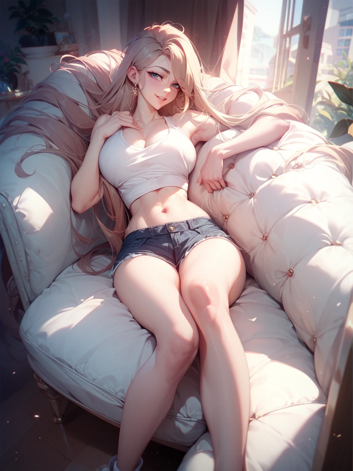 ((masterpiece)), (best quality), (hyper-detailed). spectacular anime style. In a small apartment a beautiful woman is lying on the sofa. She is wearing a tank top that is too big for her, short shorts and a sports bra. She is happy and seductive 