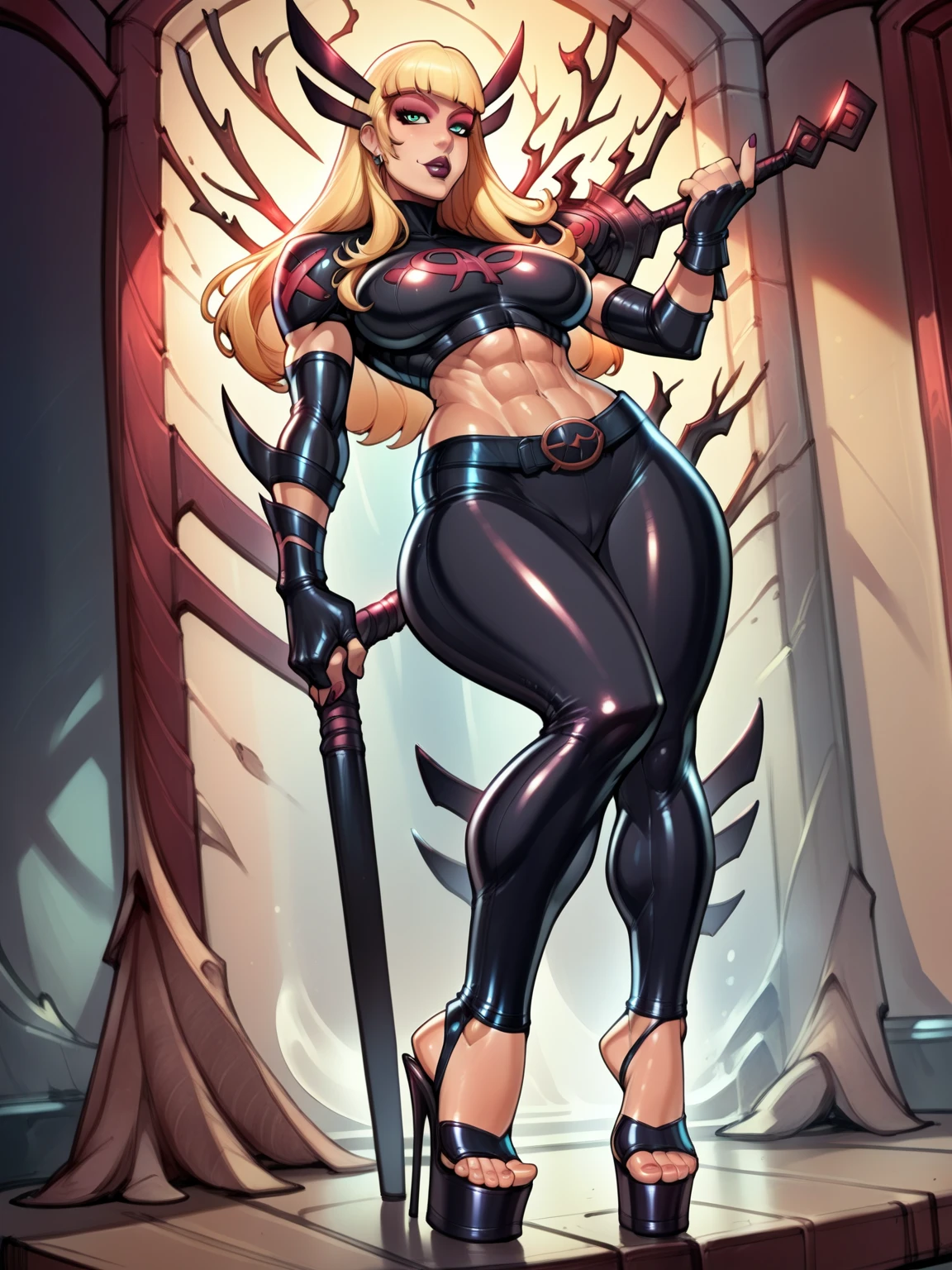 score_9, score_8_up, score_7_up, BREAK, MagikMarvel, 1girl, long blonde hair, decoration,reiq art style,wearing stirrup leggings,sexy feet,(())bkack lipstick, muscular,see through platform heels,abs,toes,feet,perfect feet