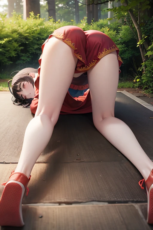 Megumin,  short hair , slim, flat chest,  small butt , is located in a forest, lying on the floor, Wear her red dress , dress covers half of her butt ,  he shows his ass sensually,  he has cum on his ass , semen on her back, semen in her hair,  show her black panties ,  her skirt went up and shows her butt 