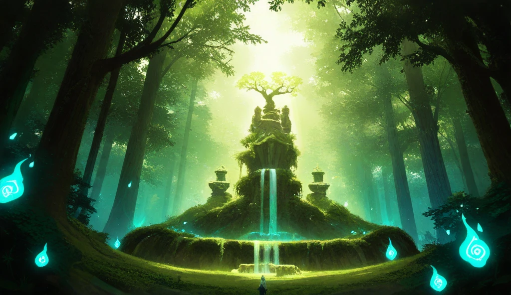 Create a brighter illustration of a sacred fountain, the source of magical power, located deep within an enchanted forest. The fountain radiates an ethereal green light that illuminates its surroundings, accentuating the intricate ancient stone carvings, glowing runes, and overgrown vines that emphasize its timeless magic. The surrounding forest features towering trees, their trunks and branches adorned with vibrant, glowing green leaves that form a dense canopy overhead, allowing beams of light to pierce through.

The forest floor is alive with dark moss, luminous magical symbols, and radiant plants that glow softly, contributing to the mystical energy of the setting. A gentle green mist drifts through the air, enhancing the magical ambiance. Faint spectral lights flicker playfully among the trees, casting dancing shadows that evoke mystery and wonder.

The scene captures a pivotal moment of transformation, symbolizing the end of one era and the beginning of another. The brighter color theme of lush greens and soft light contrasts elegantly with the dark undertones of the forest, symbolizing the balance of power, growth, and renewal. The overall atmosphere exudes enchantment, strength, and the eternal magic of the sacred forest.”