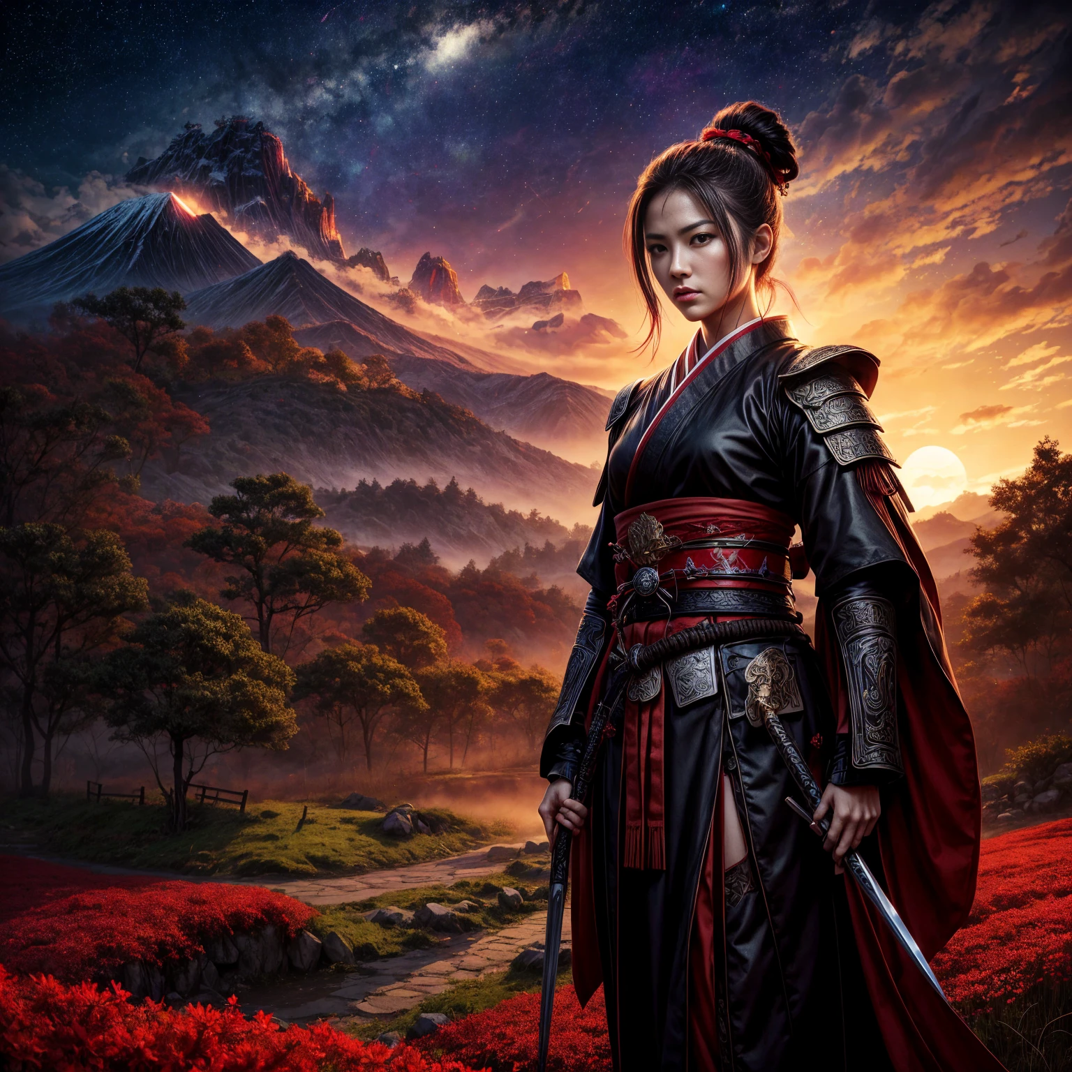 Front view of a female samurai warrior, dressed in a red kimono and black and metallic armor details, holding a Japanese katana in her right hand, walking along a dirt road surrounded by a field of red flowers under a night sky. In the background, a Japanese temple and majestic mountains and trees with red leaves decorate the landscape, while a large bright red full moon dominates the horizon, creating a mystical and epic atmosphere. The female warrior has her hair tied back in a high ponytail, and her posture shows determination and strength. The starry sky and dark clouds contrast with the vibrant color of the moon and the landscape. The lighting highlights the reddish tones of the scene, with deep shadows and a dramatic and fantasy atmosphere. The style is very detailed, with a touch of fantastic realism and a cinematic approach.