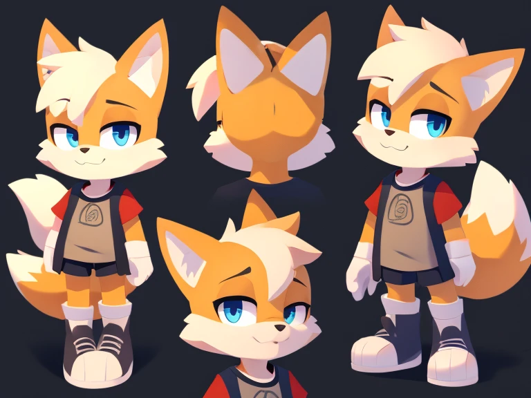 Paper character design from all sides, cute fox boy, short hairstyle, detailed body, plain clothes 