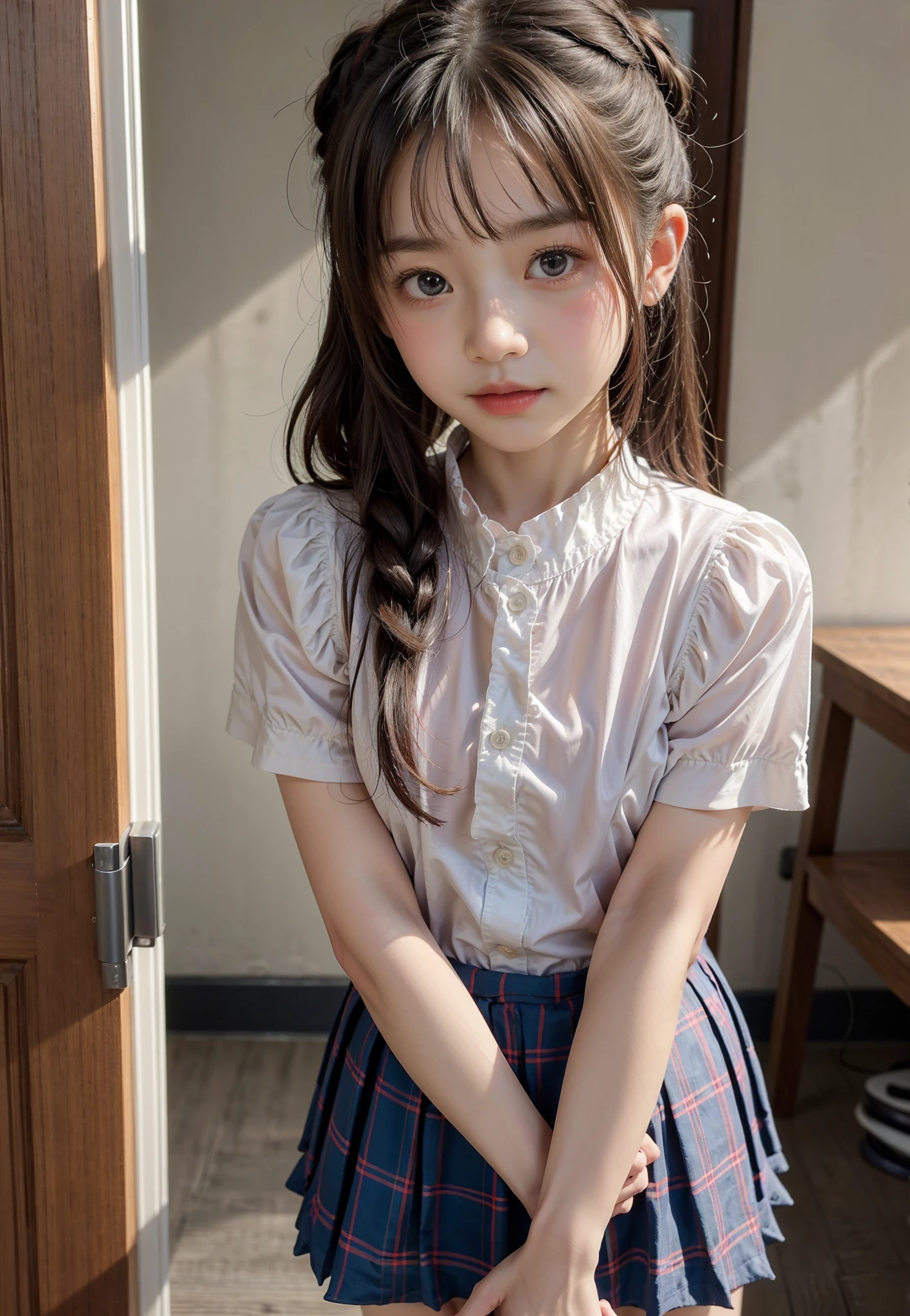  s,uniform,Line up quietly before entering the classroom, girl,cute, Masterpiece, Details