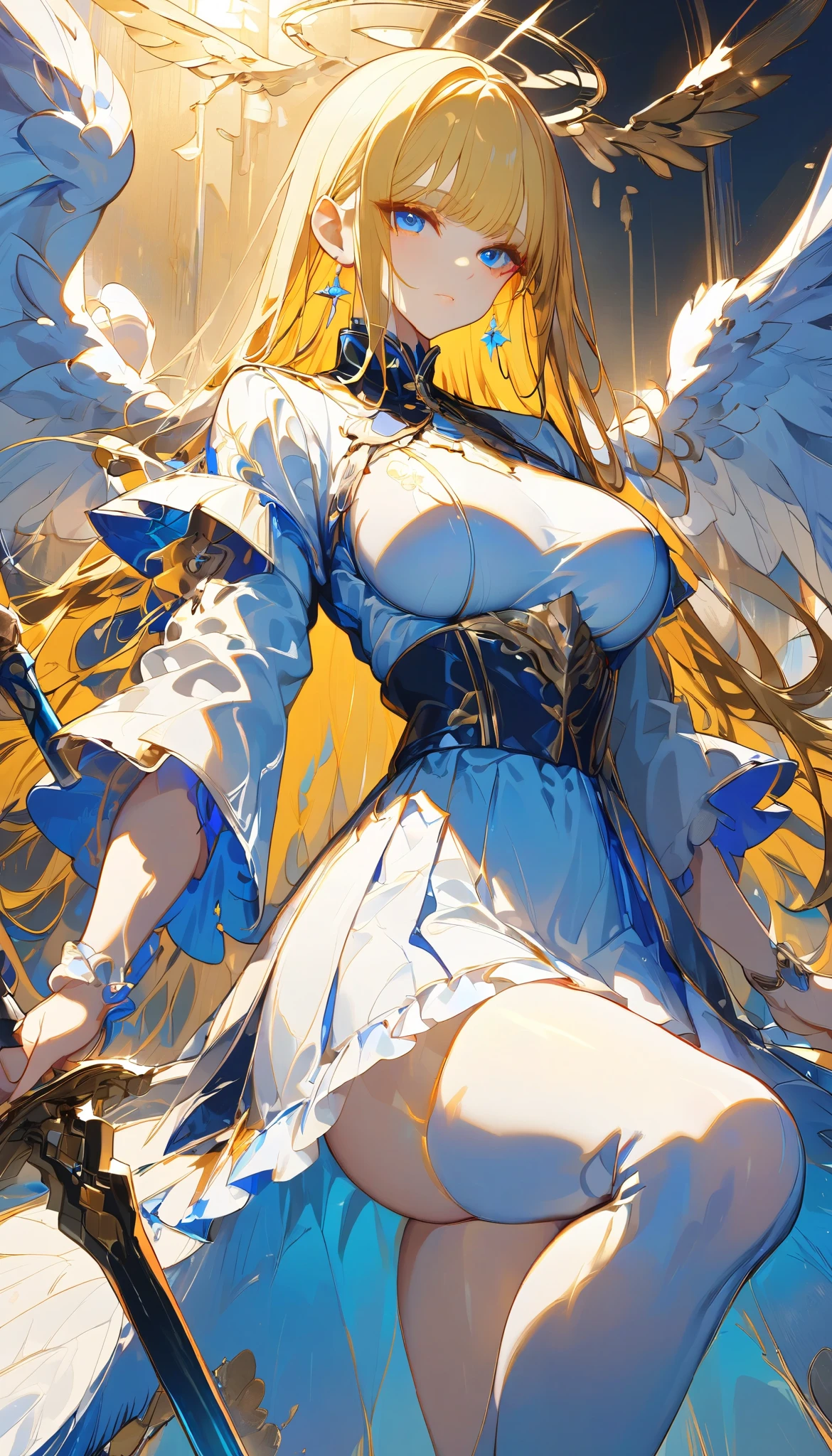 (masterpiece,  top quality :1.2,超 high definition ,  detailed description  、  high detail 、correct、  high definition  )、 android、Big Breasts、Blonde、blunt bangs、 long hair、 knee-high、 clothes that allow you to see the chest 、Machined Wings、 has a spear、 hold the weapon in front、Golden Time 、god々Shining light