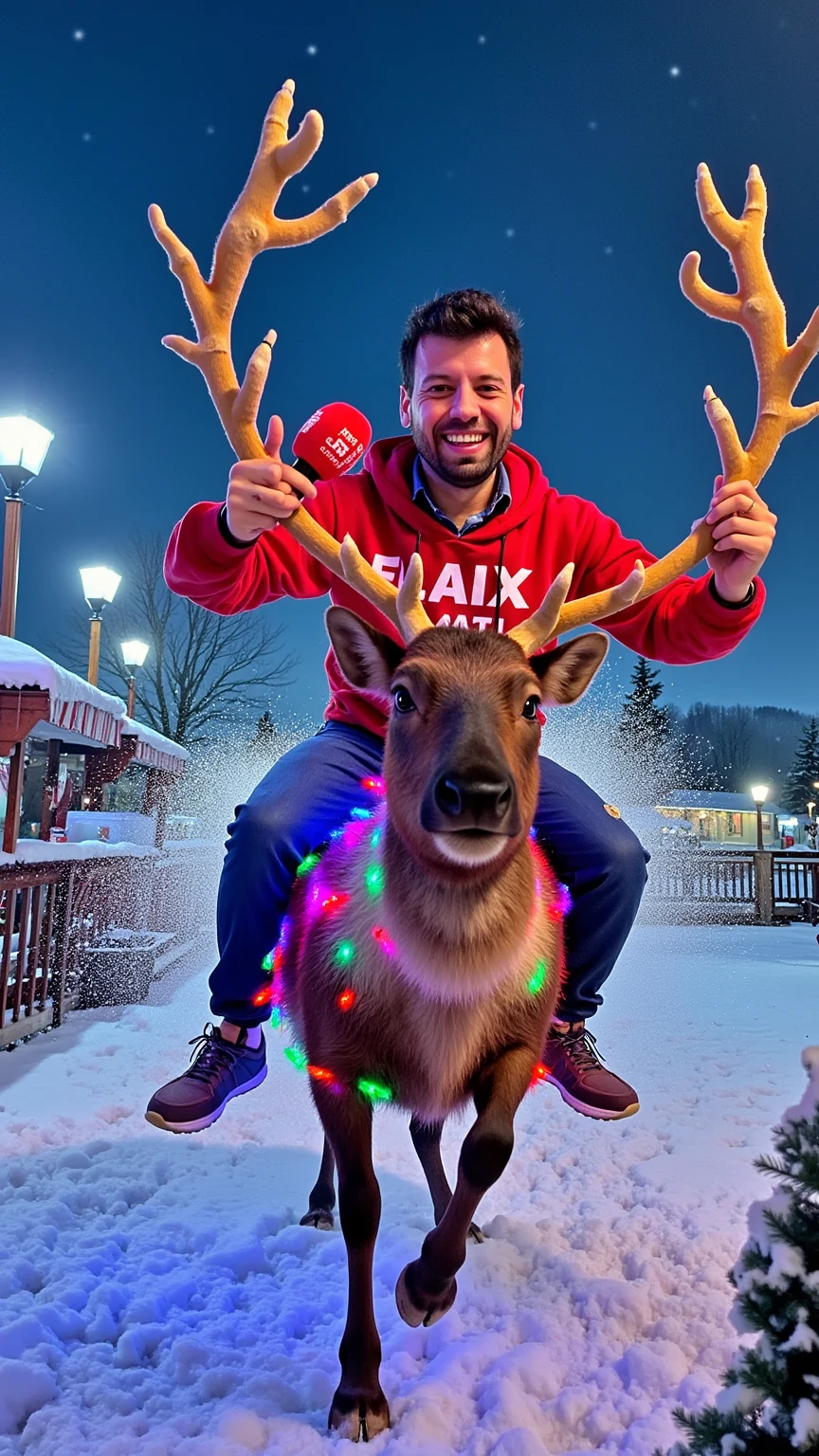 prompt
A cartoonish and vibrant Christmas scene featuring a very handsome man riding a massive reindeer wrapped in dazzling Christmas LED lights of various colors. The man is wearing a holiday sweater with "Flaix Mati" written in bold white letters, smiling as he holds a microphone with a red foam cover marked "FLAIX FM" in white. The reindeer is charging across a snowy landscape under a starry winter sky, with snow flying up dramatically behind it, adding a thrilling sense of motion. The colors are bold and saturated, with glowing lights reflecting on the snow and creating a magical, high-energy vibe. The man’s expression is joyful and confident, and the scene is filled with whimsical holiday decorations and vibrant cinematics, evoking a sense of fun and adventure.
