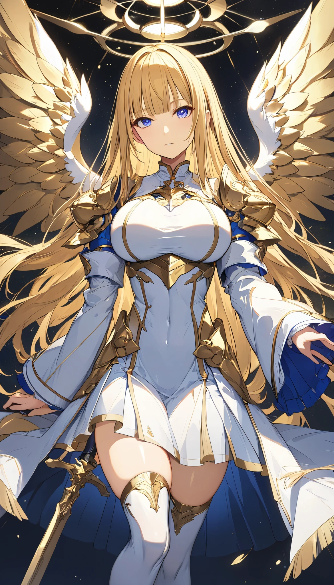 (masterpiece, top quality :1.2,超 high definition , detailed description 、 high detail 、correct、 high definition )、 android、Big Breasts、Blonde、blunt bangs、 long hair、 knee-high、 clothes that allow you to see the chest 、Machined Wings、 has a spear、 hold the weapon in front、Golden Time 、god々Shining light