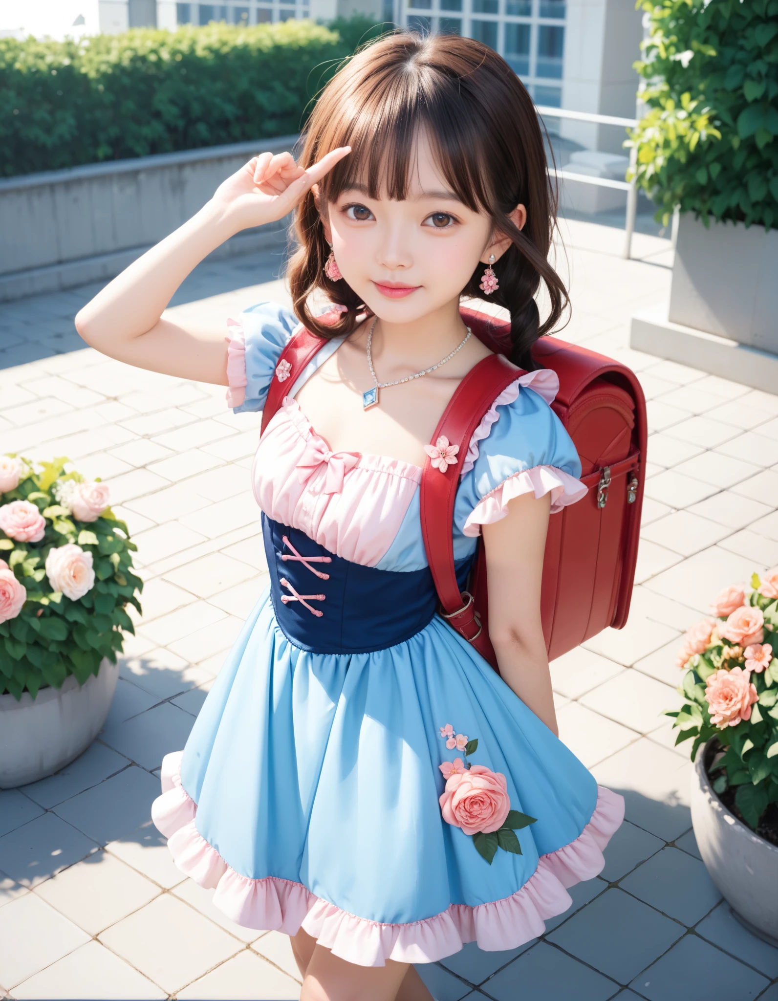 Masterpiece, realistic, hd, best quality, there is a girl standing in a blue dress, wearing pink floral chiton, beautiful pink , brown hair, wearing a pink dress, dressed in a blue dress, girl, Traditional Attire, bowtie, necklace, diamond earrings, in a fancy dress, frilly outfit, wearing beautiful clothes, wearing floral gown, cute young girl, dressed in a beautiful, wearing randoseru backpack, red backpack, standing, outdoor, looking at viewer, posing fingers