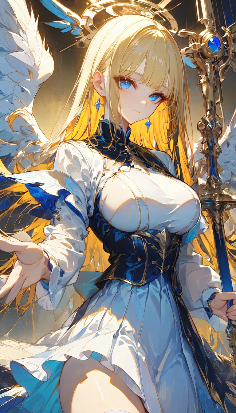 (masterpiece,  top quality :1.2,超 high definition ,  detailed description  、  high detail 、correct、  high definition  )、 android、Big Breasts、Blonde、blunt bangs、 long hair、 knee-high、 clothes that allow you to see the chest 、Machined Wings、 has a spear、 hold the weapon in front、Golden Time 、god々Shining light