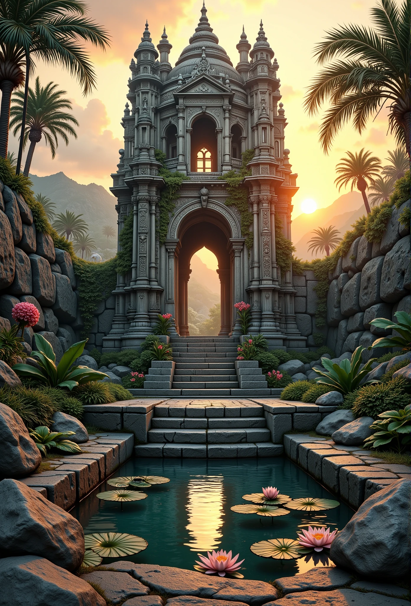 In low angle looking up shot, medium close-up view. A hyper-detailed 2D illustrator art wallpaper, fairy tales, Grimmdark, epic contrast painting. Three-quarter angle camera, wide view overview shot. Ancient ruin, Indian-style architecture tower, located on hill, intricately carved stones, Sunset orange and pink hue painting on it. ornate stone, moss-covered, vines, tranquil water pool outside, water lilies, floating flowers, serene reflection, ambient lighting, warm sunlight, golden glow, magical luminescence, hidden carvings, ethereal atmosphere, mysterious glow, soft halation, photorealistic, hyperdetailed textures, sharp focus, harmony, tranquility, whimsical design, fantastical elements, serene ambiance, cozy lighting, dynamic composition, ambient occlusion, award-winning concept art, maximalist style, realistic details, tranquil serenity, timeless wonder.
masterpiece blends ultra-realistic details with rich textures and atmospheric realism, rendered in stunning 32k resolution, ensuring a cinematic and immersive viewing experience. A truly high-quality, official-art-style composition that embodies power, artistry