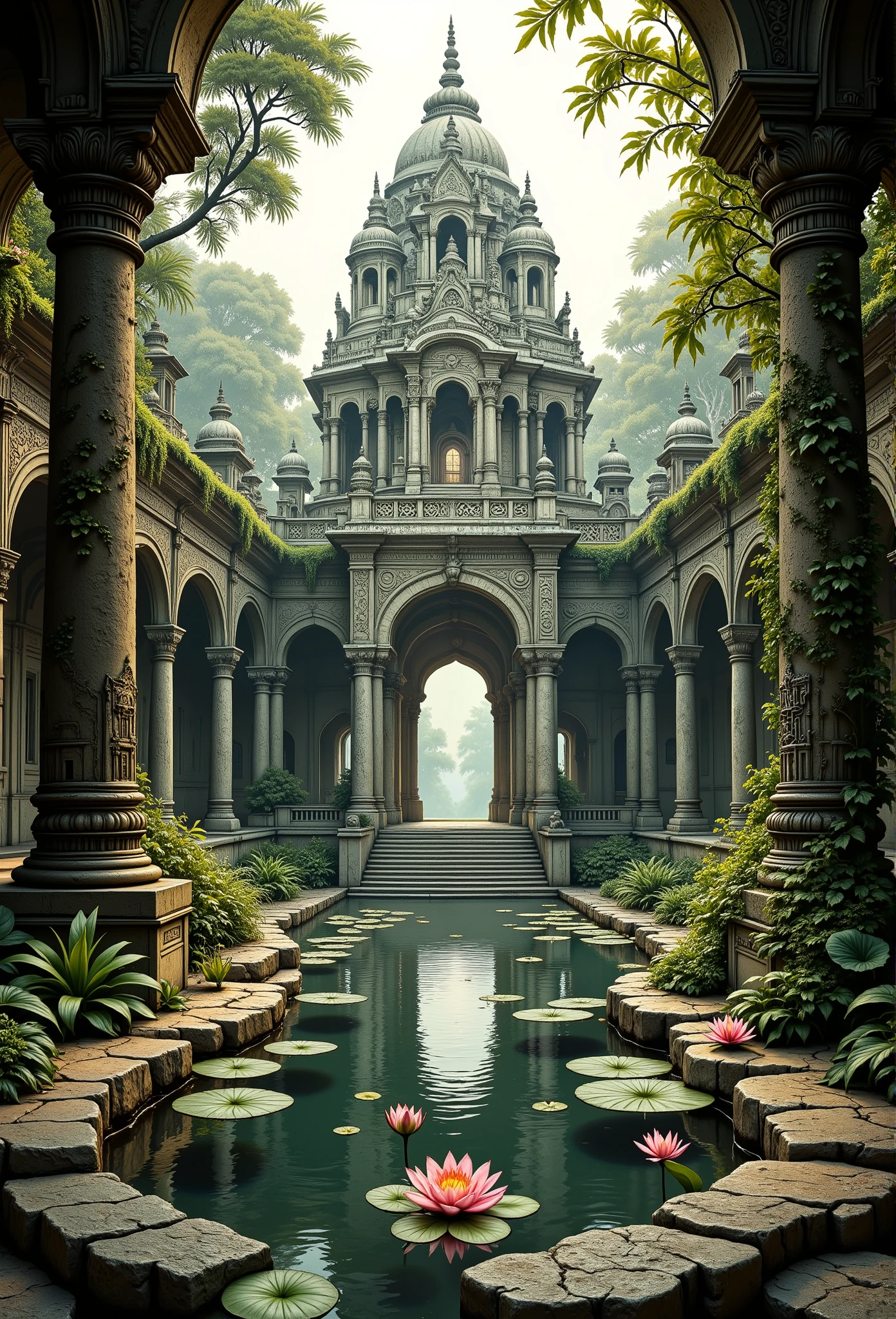 In low angle looking up shot, medium close-up view. A hyper-detailed 2D illustrator art wallpaper, fairy tales, Grimmdark, epic contrast painting. Ancient ruin, Indian-style architecture tower, intricately carved stones, ornate archways, moss-covered walls, vines, tranquil water pool, water lilies, floating flowers, serene reflection, ambient lighting, warm sunlight, golden glow, magical luminescence, hidden carvings, ethereal atmosphere, mysterious glow, soft halation, photorealistic, hyperdetailed textures, sharp focus, harmony, tranquility, whimsical design, fantastical elements, serene ambiance, cozy lighting, dynamic composition, ambient occlusion, award-winning concept art, maximalist style, realistic details, tranquil serenity, timeless wonder.
masterpiece blends ultra-realistic details with rich textures and atmospheric realism, rendered in stunning 32k resolution, ensuring a cinematic and immersive viewing experience. A truly high-quality, official-art-style composition that embodies power, artistry