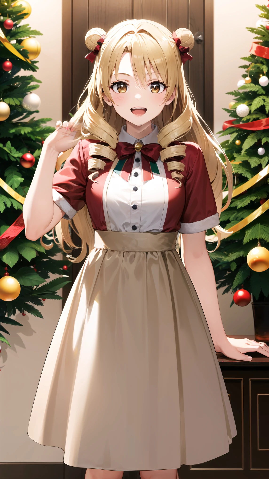 masterpiece, best quality, highres, 1girl, solo, long hair, blonde hair, double bun, drill hair, brown eyes, merry christmas Dress, standing, smile, open mouth,