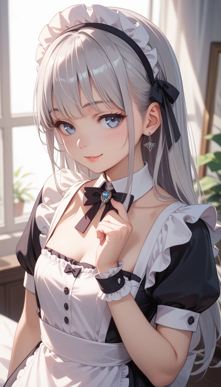 {{{masterpiece}}}, {{{best quality}}}, {{ultra-detailed}}, {beautiful, detailed eyes}, 1girl, solo, ((white hair)), very long hair, blue eyes, (straight hair), (bangs), animal ears, (stoat ears:1.2), Choker, ahoge, fang, (big stoat Tail:1.2), (blue X hairpin), (cute maid outfit), smile, aesthetic,Eyes