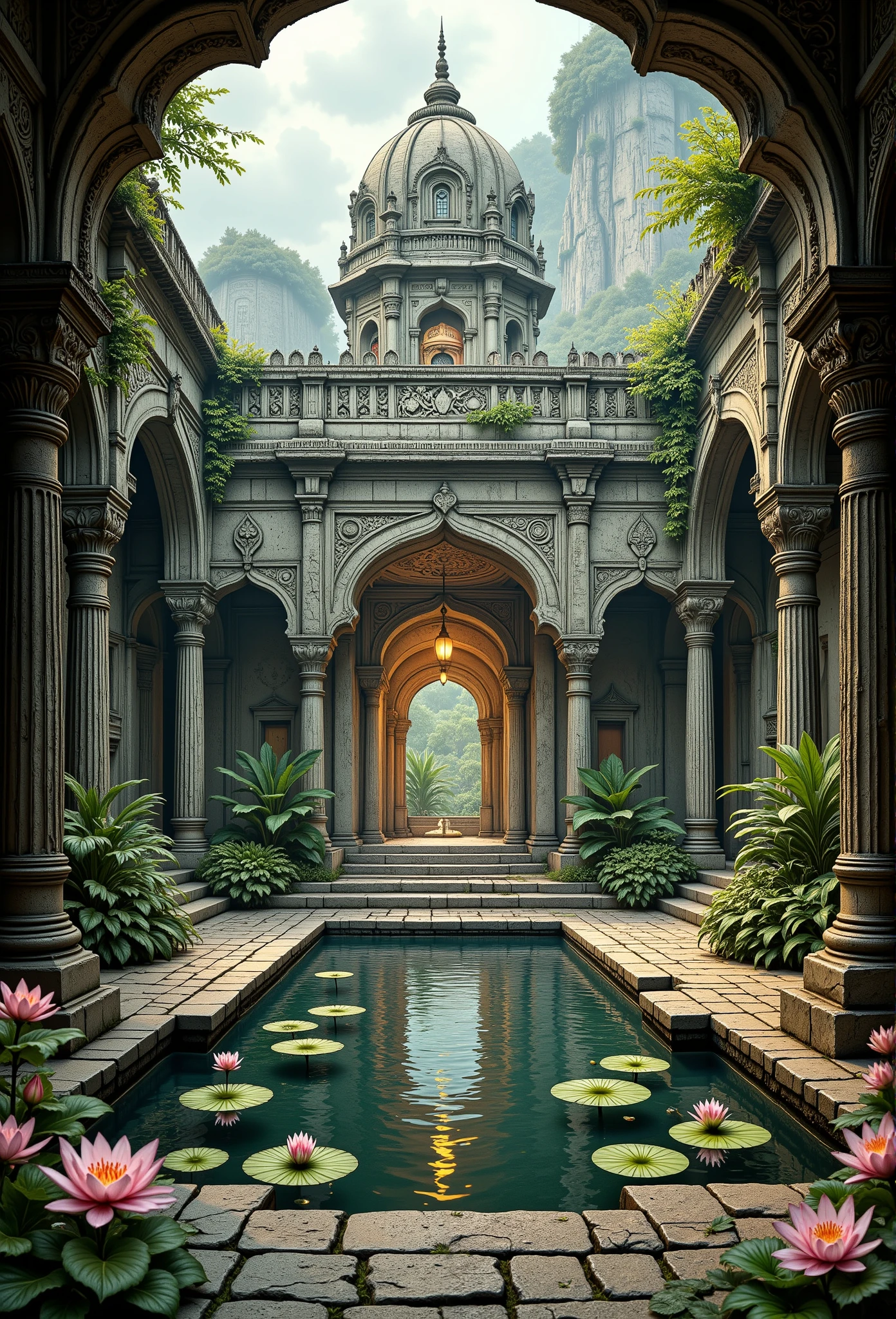 In low angle looking up shot, medium close-up view. A hyper-detailed 2D illustrator art wallpaper, fairy tales, Grimmdark, epic contrast painting. Ancient ruin, Indian-style architecture tower, intricately carved stones, ornate archways, moss-covered walls, vines, tranquil water pool, water lilies, floating flowers, serene reflection, ambient lighting, warm sunlight, golden glow, magical luminescence, hidden carvings, ethereal atmosphere, mysterious glow, soft halation, photorealistic, hyperdetailed textures, sharp focus, harmony, tranquility, whimsical design, fantastical elements, serene ambiance, cozy lighting, dynamic composition, ambient occlusion, award-winning concept art, maximalist style, realistic details, tranquil serenity, timeless wonder.
masterpiece blends ultra-realistic details with rich textures and atmospheric realism, rendered in stunning 32k resolution, ensuring a cinematic and immersive viewing experience. A truly high-quality, official-art-style composition that embodies power, artistry