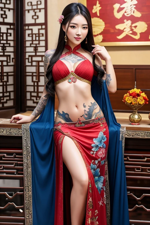 Official Art, Unified 8K Wallpapers, Ultra Detailed, Beautiful and Aesthetic, Masterpiece, Best Quality, (Zentangle, Tangle, Entangle), (fractal art: 1.4), (character center: 1.2), 1girl, black hair, Chinese, bare shoulders, short skirt, calf, navel, very detailed, dynamic angle, cowboyshot, (most beautiful form of chaos), ethereal, (bright colors), oc, (half: 1.2), china, (thangka flying sky: 1.5), (ribbon: 1.3), (dream: 1.5), (hanfu: 1.5), Chinese dragon, (smile: 0.5), (Chinese deity),
