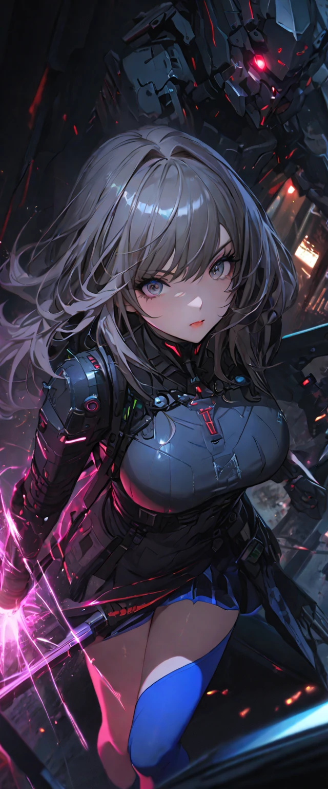 (cyber punk girl), (nikke), (top quality:1.2, masterpiece:1.4, EXQUISITE RENDERING:1.3), (((Secret Weapon Girl:1.2)), ((A girl carrying a weapon that looks like a feather on her back:1.5)), (Clear eyes,  glossy lips, pretty face), ((ARMS CONVERTED TO LASER CANNON:1.4)), (WITH LASER CANNON:1.4), ((Blue long dress:1.8)), (EXQUISITE PAINTED DRESS),   MECHANIZED ANIMATION MACHINE GUN FIRE,  A warring sniper girl, Soldier Girl,  FEMALE ACTION ANIMATION ANIMATION GIRL, Neon City,  POST APOCALYPSE ART,  androgynous,  mixed media,  blue legwear, Analog Horror, Nightmare Fuel,  seductively beautiful,  Beautiful and Evil,  ((Fighting Pose:1.5)), ((full body photo:1.2))、((black background:1.6)),