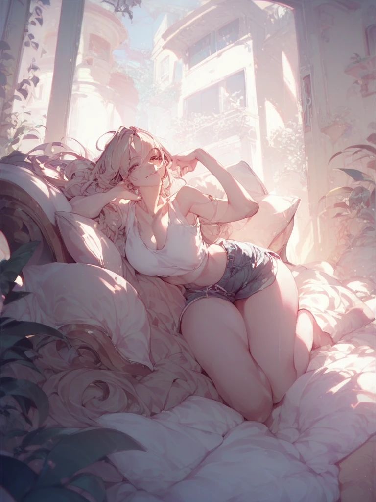 ((masterpiece)), (best quality), (hyper-detailed). spectacular anime style. In a small apartment a beautiful woman is lying on the sofa. She is wearing a tank top that is too big for her, short shorts and a sports bra. She is happy and seductive 