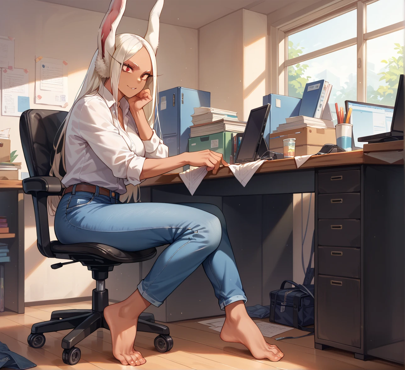 Mirko, white shirt, jeans, barefoot, is in her room, is sitting in an office chair, is at a desk, is using a computer, first-person image