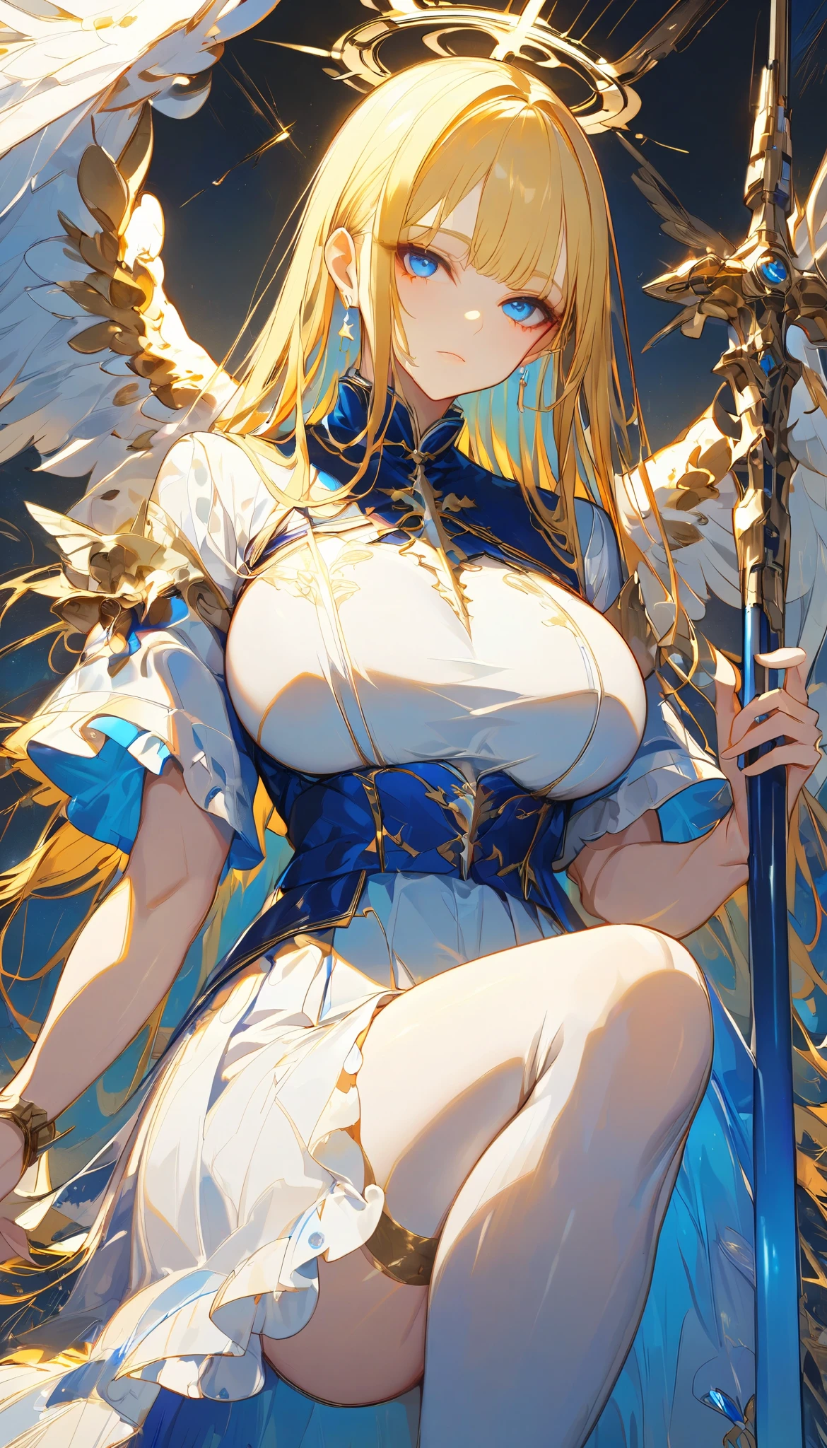 (masterpiece,  top quality :1.2,超 high definition ,  detailed description  、  high detail 、correct、  high definition  )、 android、Big Breasts、Blonde、blunt bangs、 long hair、 knee-high、 clothes that allow you to see the chest 、Machined Wings、 has a spear、 hold the weapon in front、Golden Time 、god々Shining light