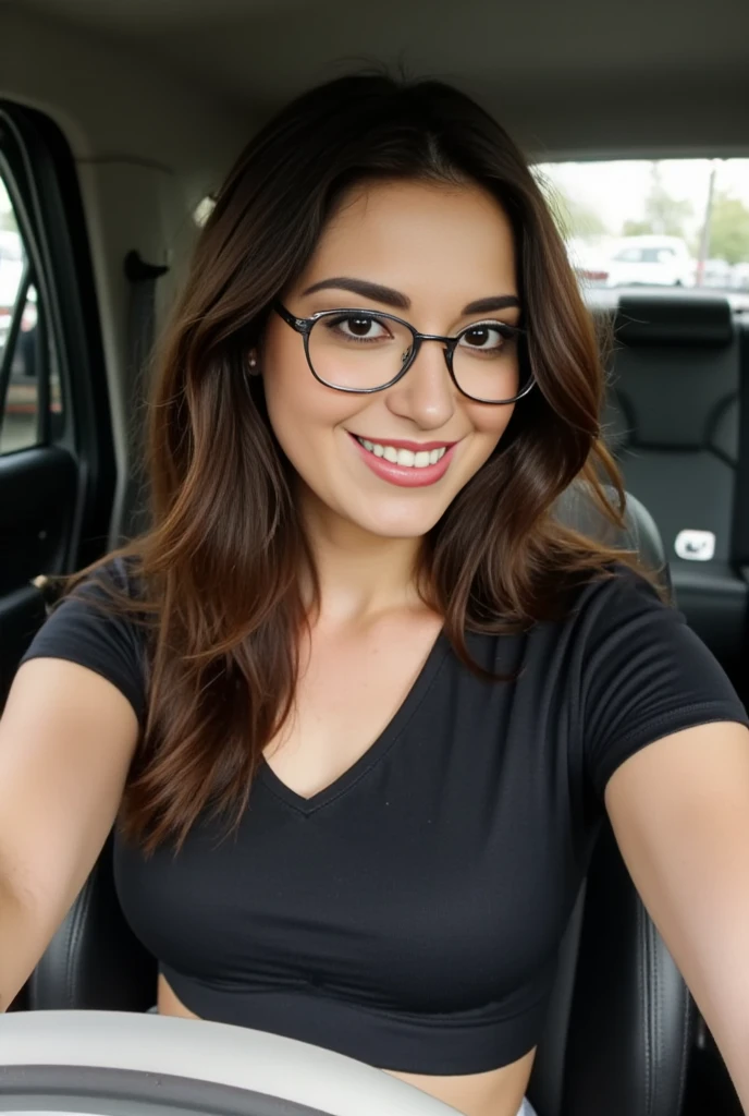    Realistic image of a woman in a car   ,  wears glasses  ,   In a tight black, short cut long sleeve shirt with some cleavage,   tight abs ,  seductive look at the camera, open, fell,  wavy hair