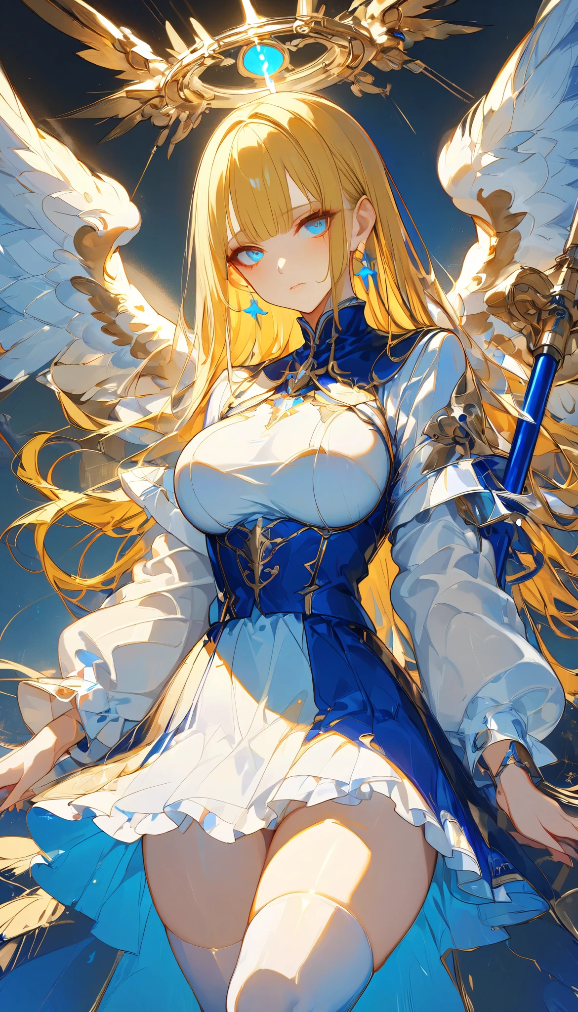(masterpiece, top quality :1.2,超 high definition , detailed description 、 high detail 、correct、 high definition )、 android、Big Breasts、Blonde、blunt bangs、 long hair、 knee-high、 clothes that allow you to see the chest 、Machined Wings、 has a spear、 hold the weapon in front、Golden Time 、god々Shining light