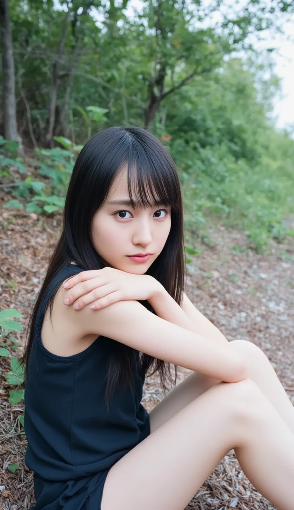 Close up of a person sitting in a bush beside a rock, Kazami Yuka, Eiko Ishioka, Teshirogi Shiori , Ayaka, Rinko Kawaichi,  another Iwakura, Mariko Mori, Suzuki Kiyoko, Kazue Kato,  short hair , Aya Takano, Chiho Ashima, Fubuki