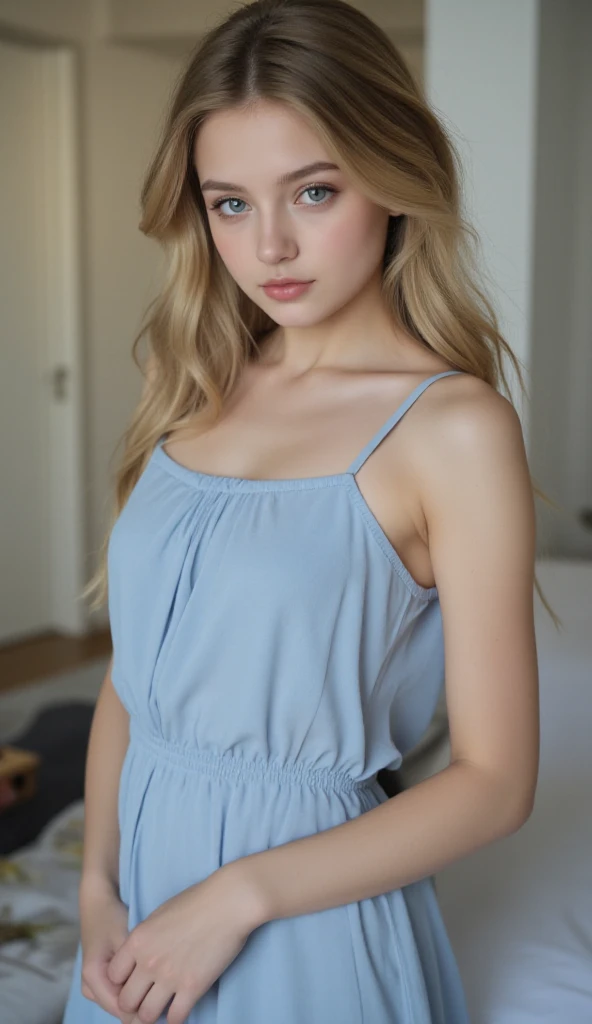 an innocent girl, striking a fancy pose, wearing a light blue sundress with a waist belt to show off her defined hips, defined and wide hips, blonde hair, blue eyes, sharp jawline, beautiful detailed eyes, beautiful detailed lips, extremely detailed eyes and face, cute eyelashes, natural lighting, photorealistic, 8k, hyperdetailed, high quality, oil painting, masterpiece, elegant, feminine, soft colors, warm tones