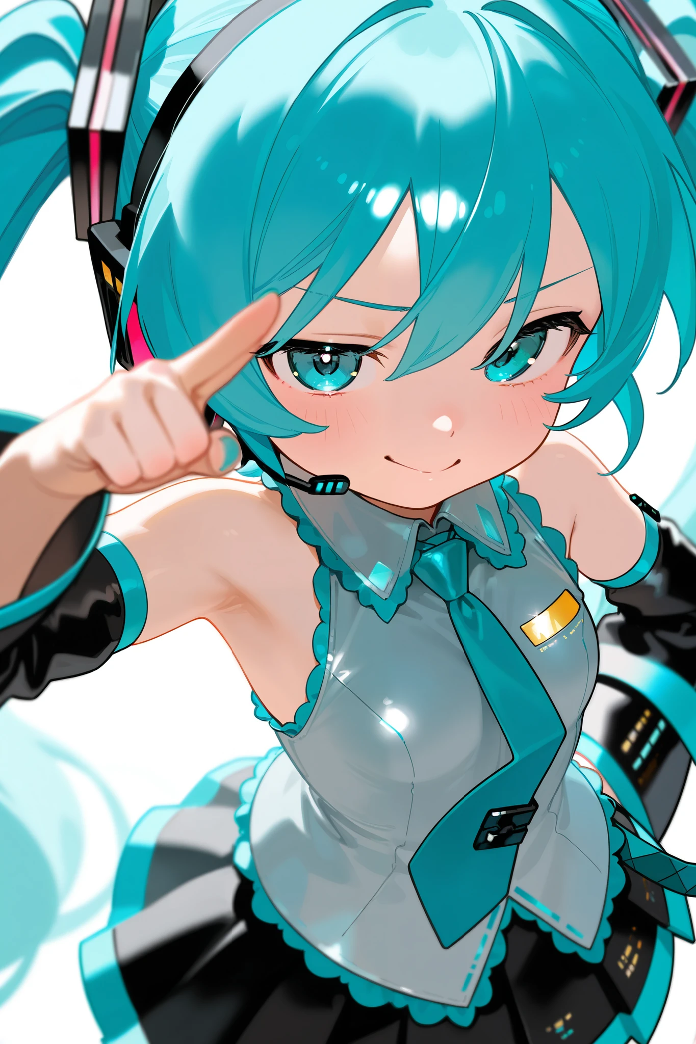  photorealistic 、Chibi Miku （Thumb up your right hand while doing a comical pose、Close your left eye）