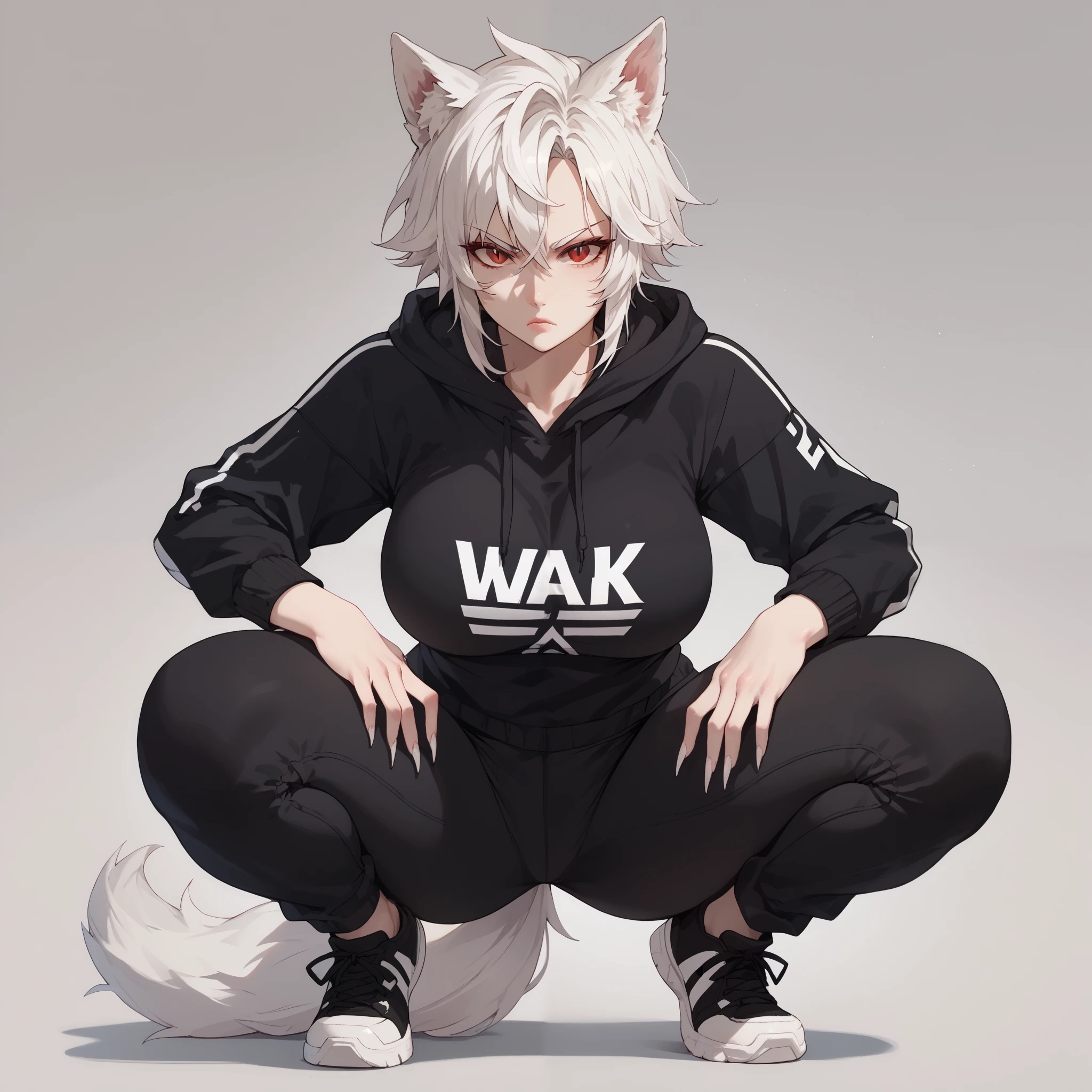 1girl, solo, short messy white hair, red eyes, slit pupils, sharp nails, wolf tail, wolf ears, big breasts, wide hips, thighs, black hoodie, black baggy pants, black sneakers, serious, squatting, full body, looking at viewer, simple background, from the front view