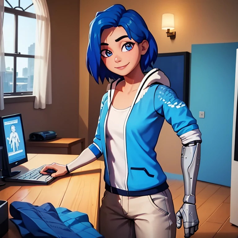 masterpiece, best quality, tari, blue hoodie, white pants, single mechanical right arm, regular left arm, upper body, looking at viewer, hair over one eye, house, computer, indoors, smile, slight smile