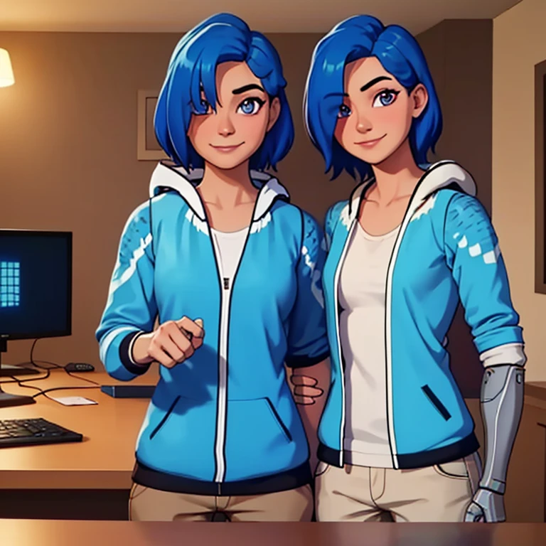 masterpiece, best quality, tari, blue hoodie, white pants, single mechanical right arm, regular left arm, upper body, looking at viewer, hair over one eye, house, computer, indoors, smile, slight smile