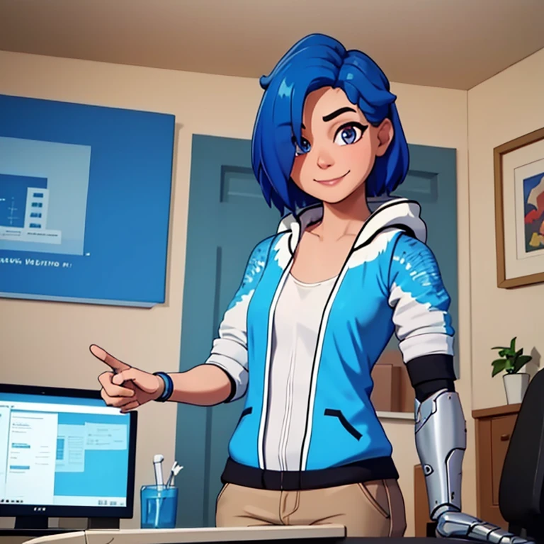 masterpiece, best quality, tari, blue hoodie, white pants, single mechanical right arm, regular left arm, upper body, looking at viewer, hair over one eye, house, computer, indoors, smile, slight smile