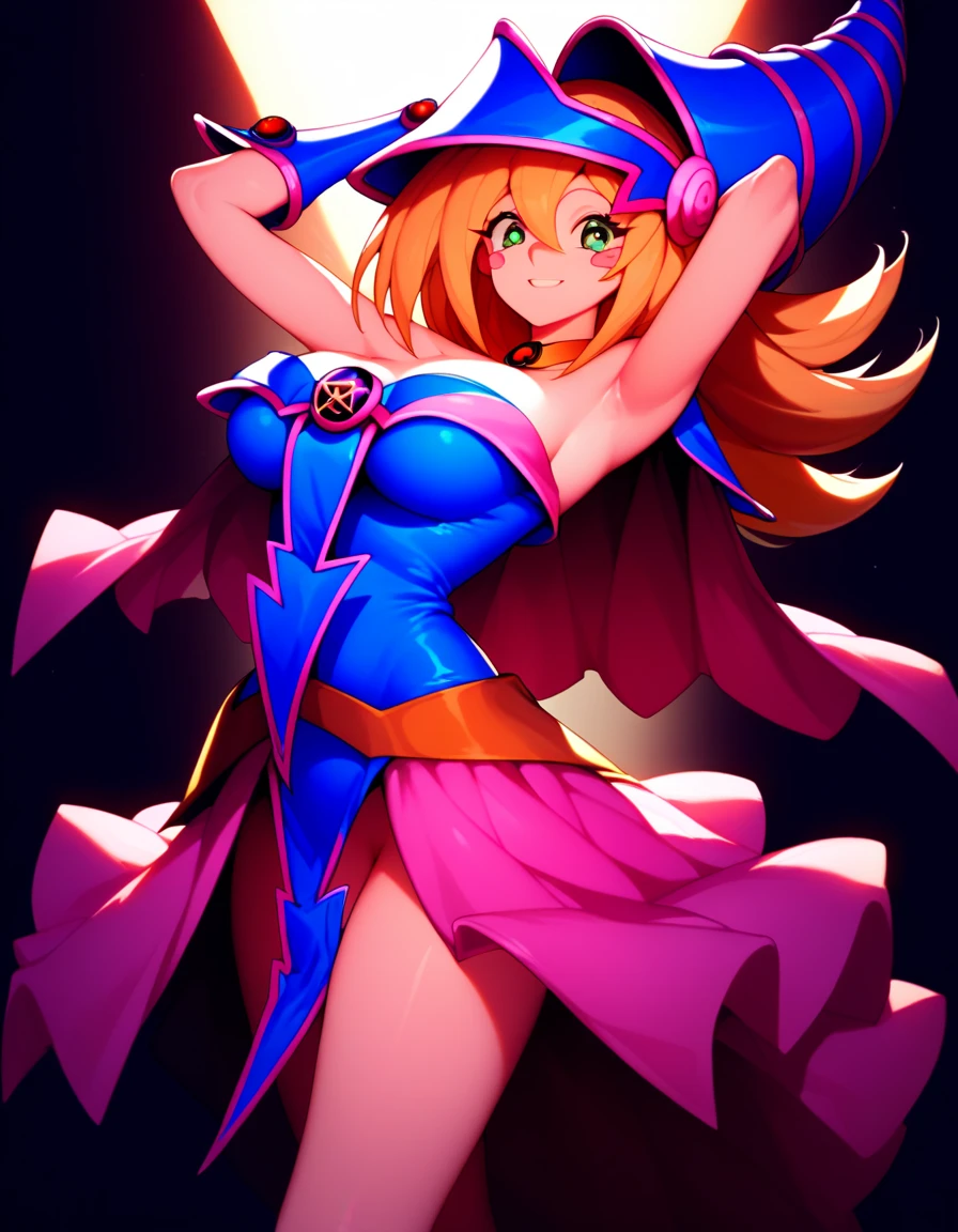 score_9, score_8_up, score_7_up, source_anime, best quality, clear face, dark magician girl, blond hair, long hair, green eyes, large breasts, perfect body, smile, cleavage, tight long dress, blue dress, gorgeous room, lighting, hotel, standing, thighs, showing armpits