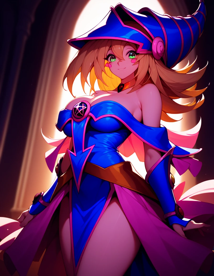 score_9, score_8_up, score_7_up, source_anime, best quality, clear face, dark magician girl, blond hair, long hair, green eyes, large breasts, perfect body, smile, cleavage, tight long dress, blue dress, gorgeous room, lighting, hotel, standing, thighs, showing armpits