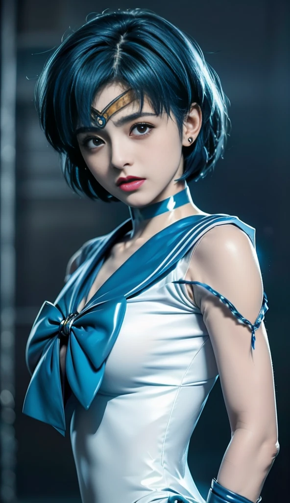 Beauty,   very cute face , Excellent ratio,  Max image  ,   masterpiece , 8k,   gentle expression (  Sailor Mercury ,   Attention to Details  ,  fine details)  photo of a man tied all over his body with hexagonal knots and chains.