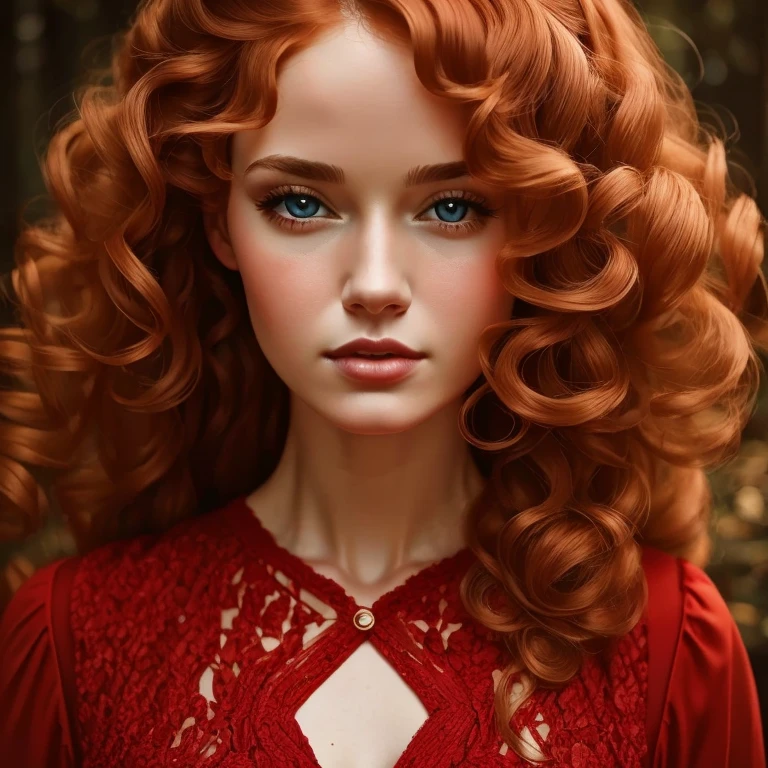 8k,  a cinematic photograph of a beautiful woman with curly blond hair,  brown eyes , and a red dress 