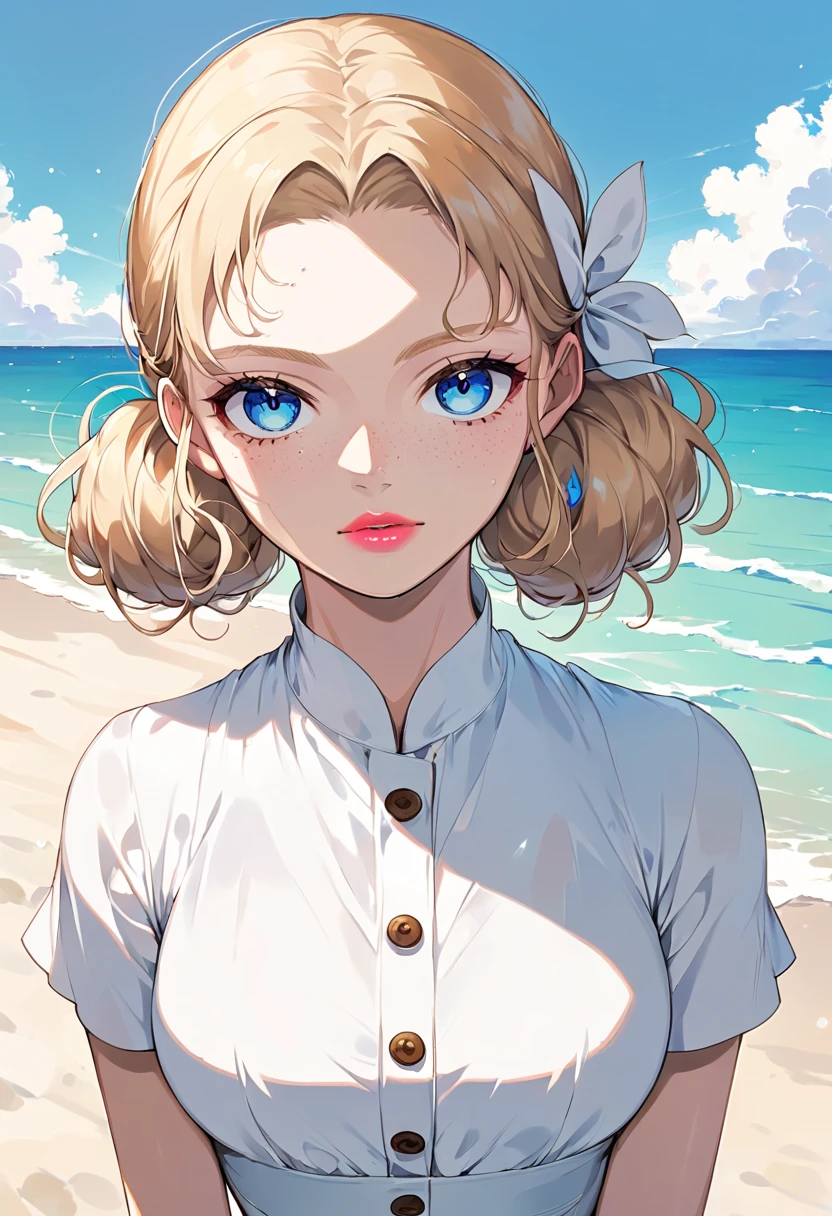 anime, anime one piece,  Female character ,  long hair,  light blond hair,  hair tied in a bun ,  subtle freckles on the cheekbone ,  light blush on the cheekbone , pink lips,  Blue Eyes,  Big breasts , very pretty face ,  high resolution, Necessary,  wearing a knee-length white dress, with brown buttons on the front , sunny background, beach. 