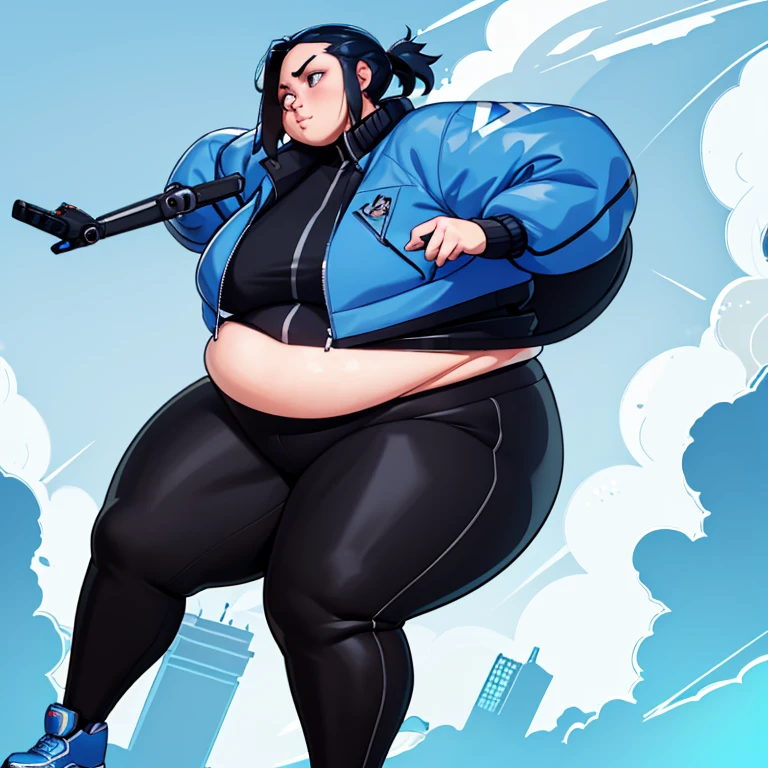 masterpiece, best quality, Tari, blue jacket, black spandex pants, robotic right arm, 1girl, Solo, fat girl (clothes that fit your big, fat body size), (Perfect anatomy of an obese female body),(big fat body),